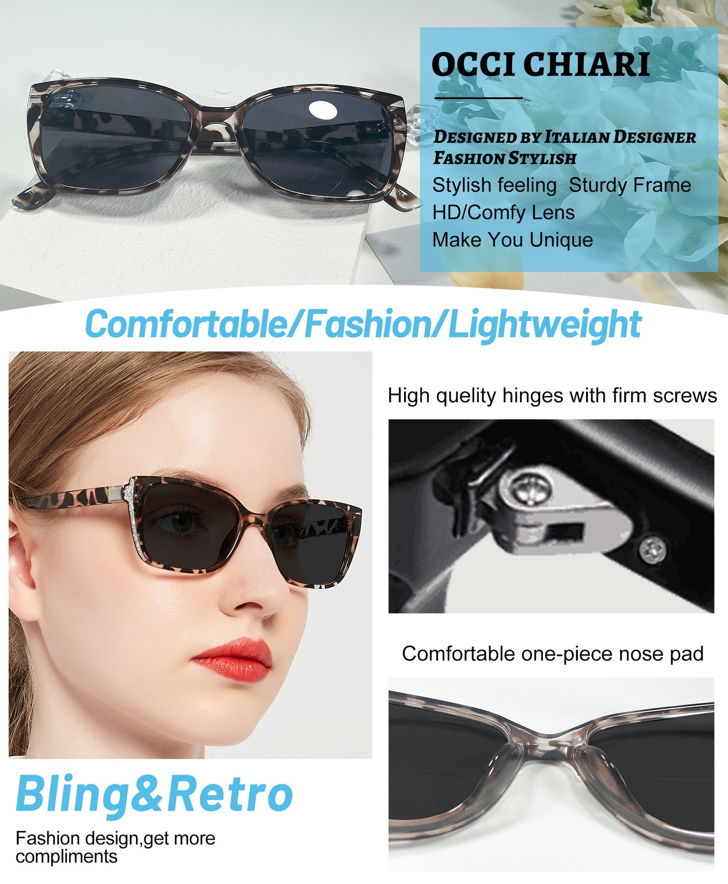 OCCI CHIARI Bifocal Reading Sunglasses Womems Large Blue Light Blocking Sun Readers Outdoor UV400 ABL5117BS