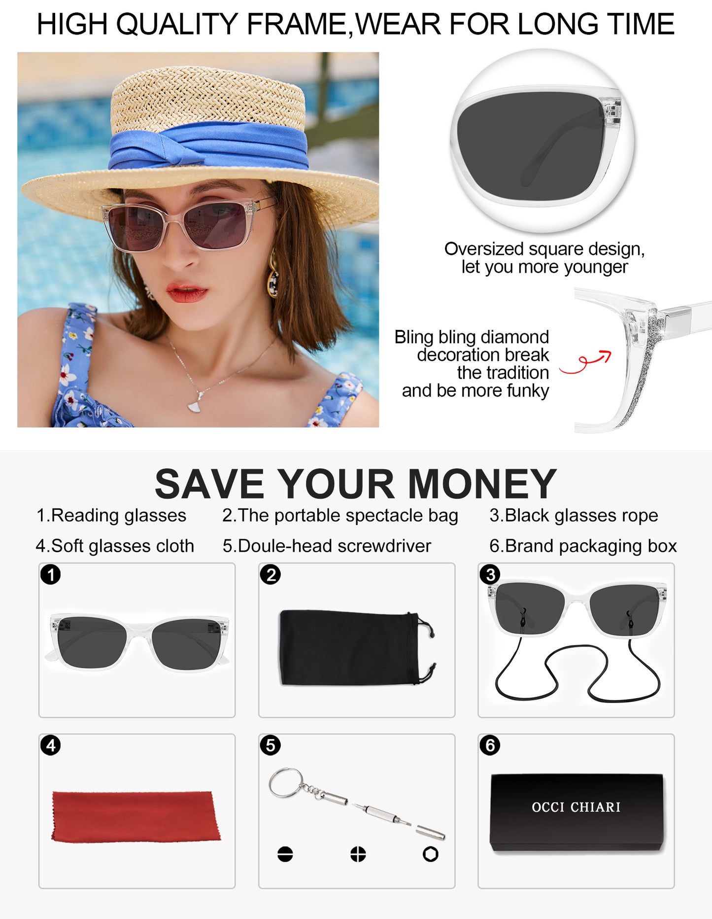 OCCI CHIARI Oversized Reader Sunglasses Oversized Reading Sunglasses For Women(1.0 1.25 1.5 1.75 2.0 2.25 2.5 2.75 3.0 3.5)