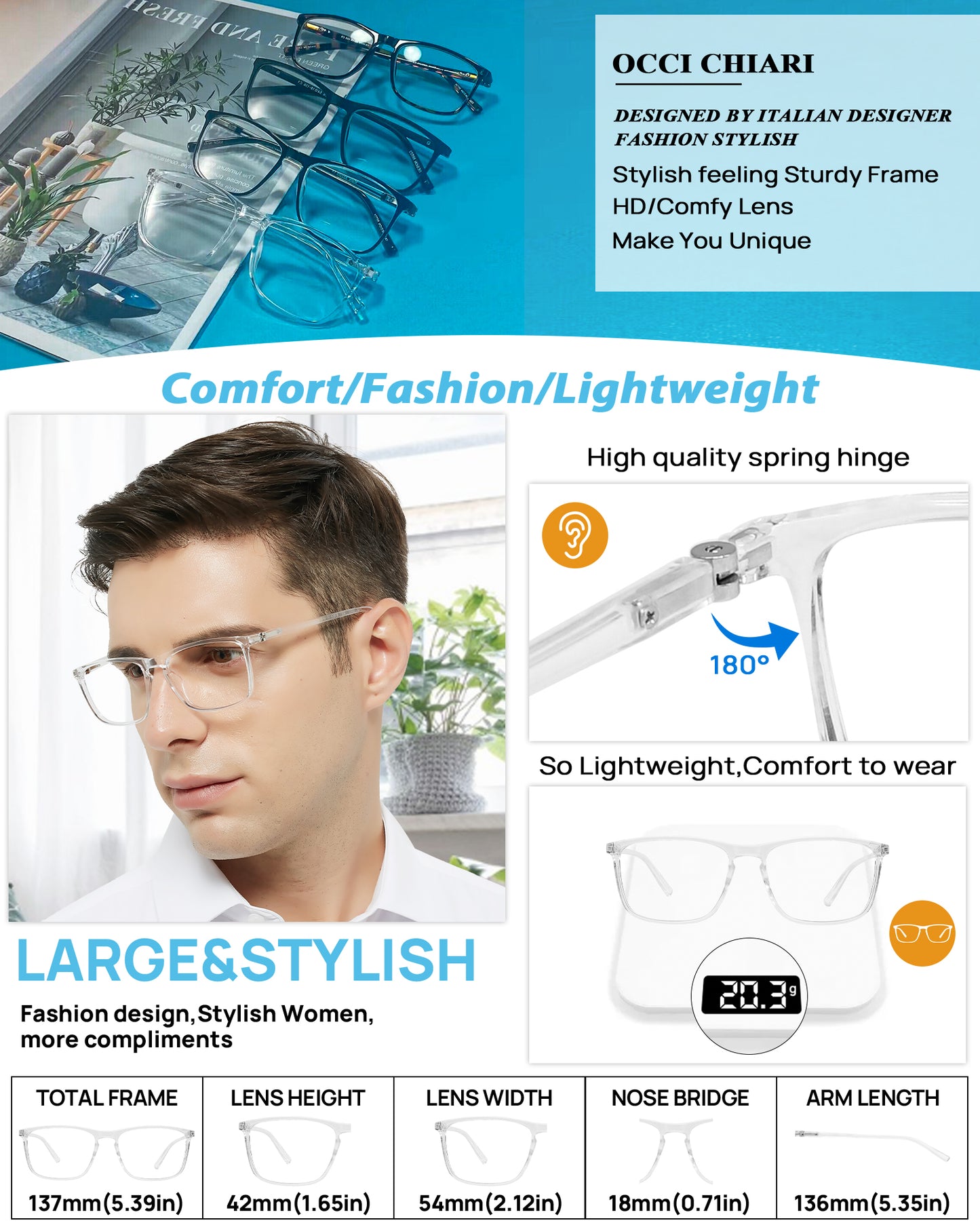 OCCI CHIARI Wide Bifocal Reading Glasses for Men Transition Blue Blocker Readers OC5026BB