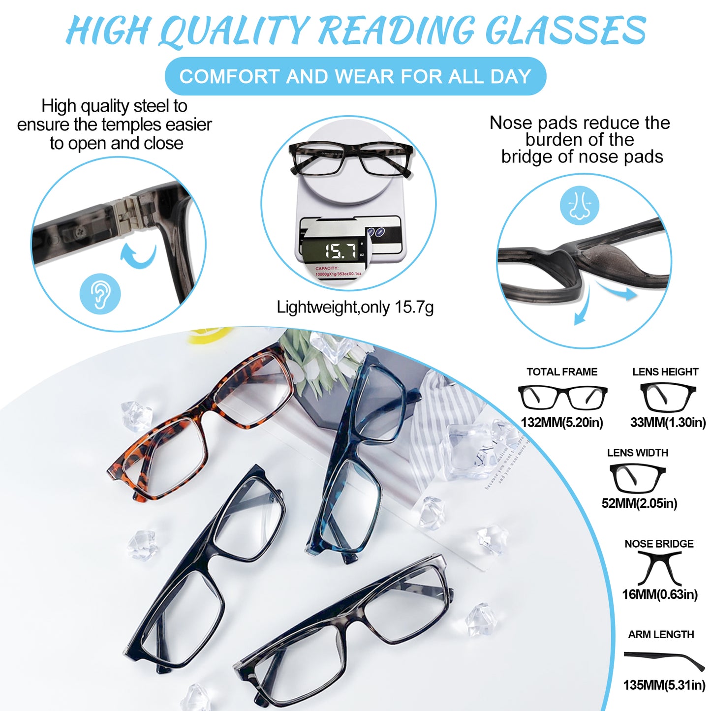 OCCI CHIARI Blue Light Reading Glasses Men Anti Glare Computer Readers for Big Head ABL5030