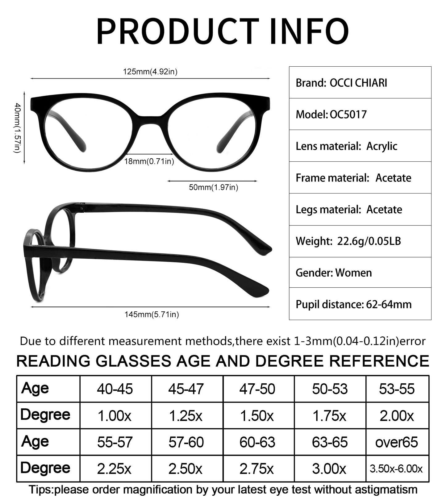 OCCI CHIARI Petite Reading Glasses for Small Face Women Fashion Slim Reders OC5017