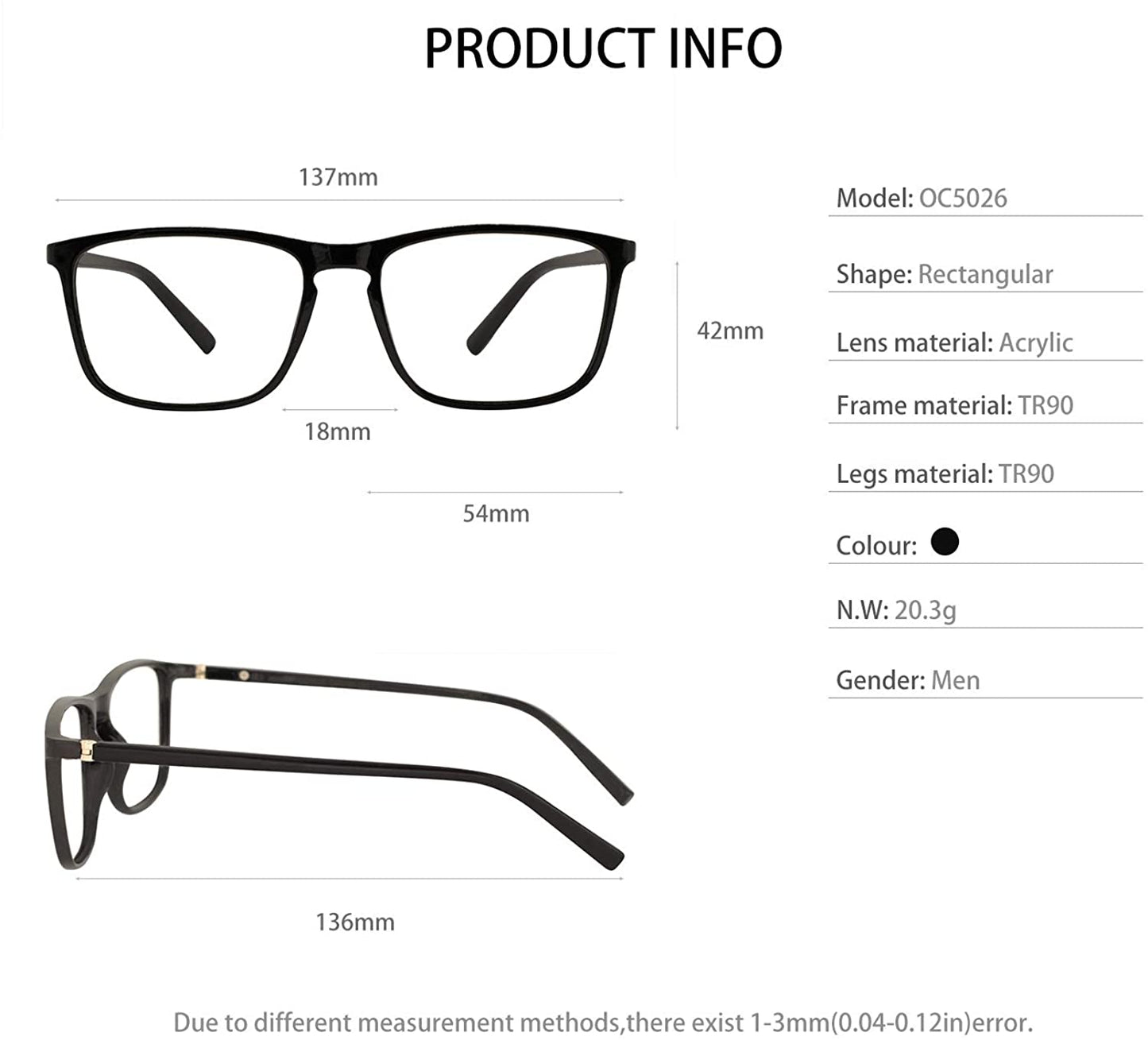 OCCI CHIARI Reading Glasses Men's Large Reader Durable Spring Hinge OC5026