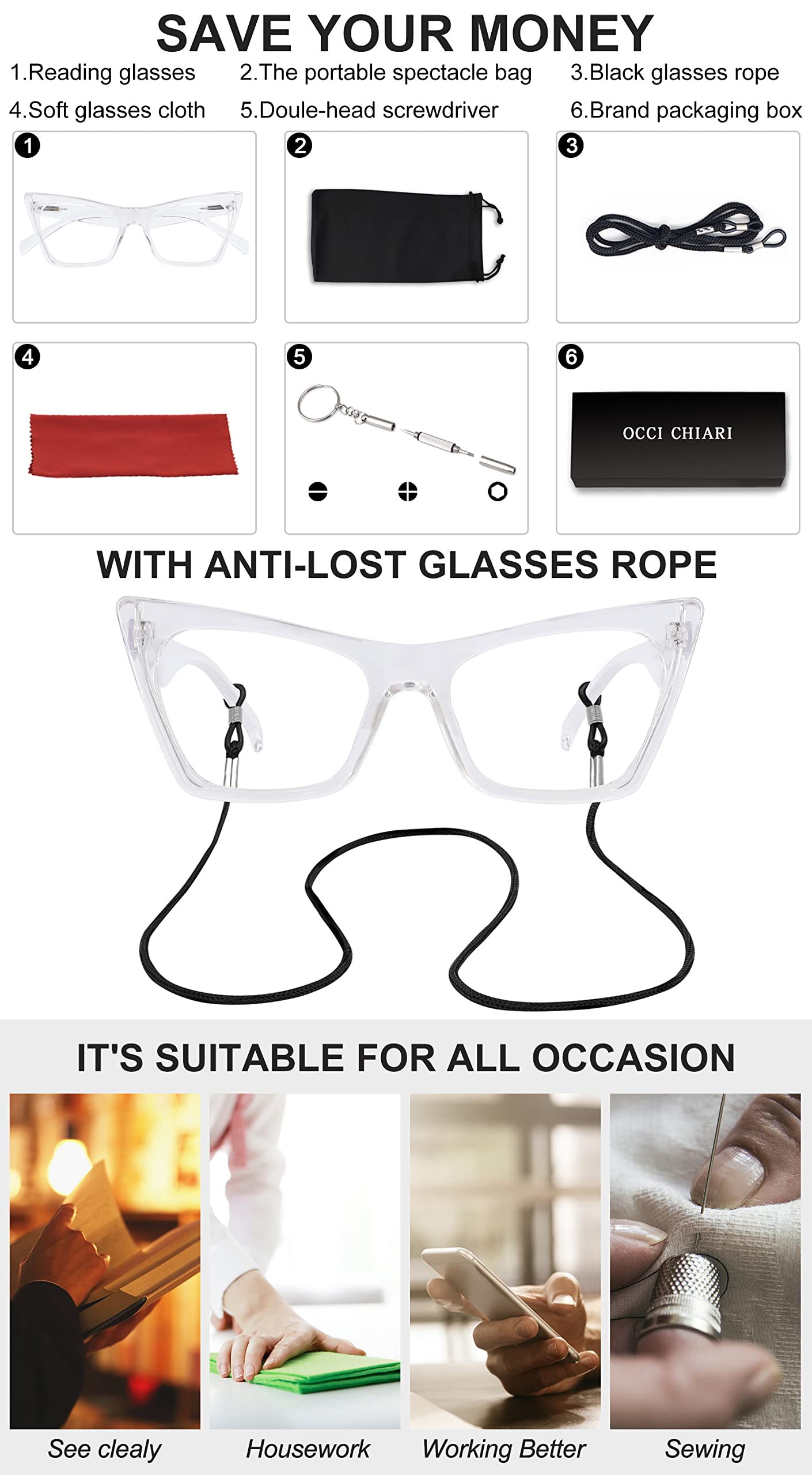 OCCI CHIARI Reading Glasses for Women Cat Eye Cute Reader Ladies Reader OC5185