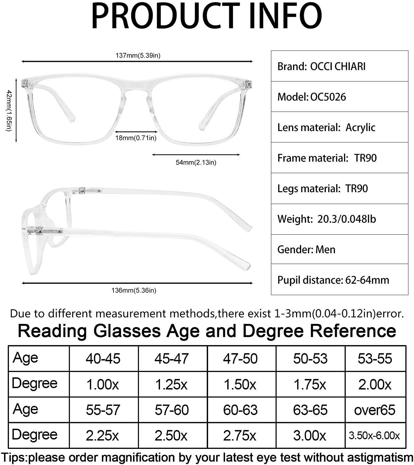 OCCI CHIARI Reading Glasses Men's Large Reader Durable Spring Hinge OC5026