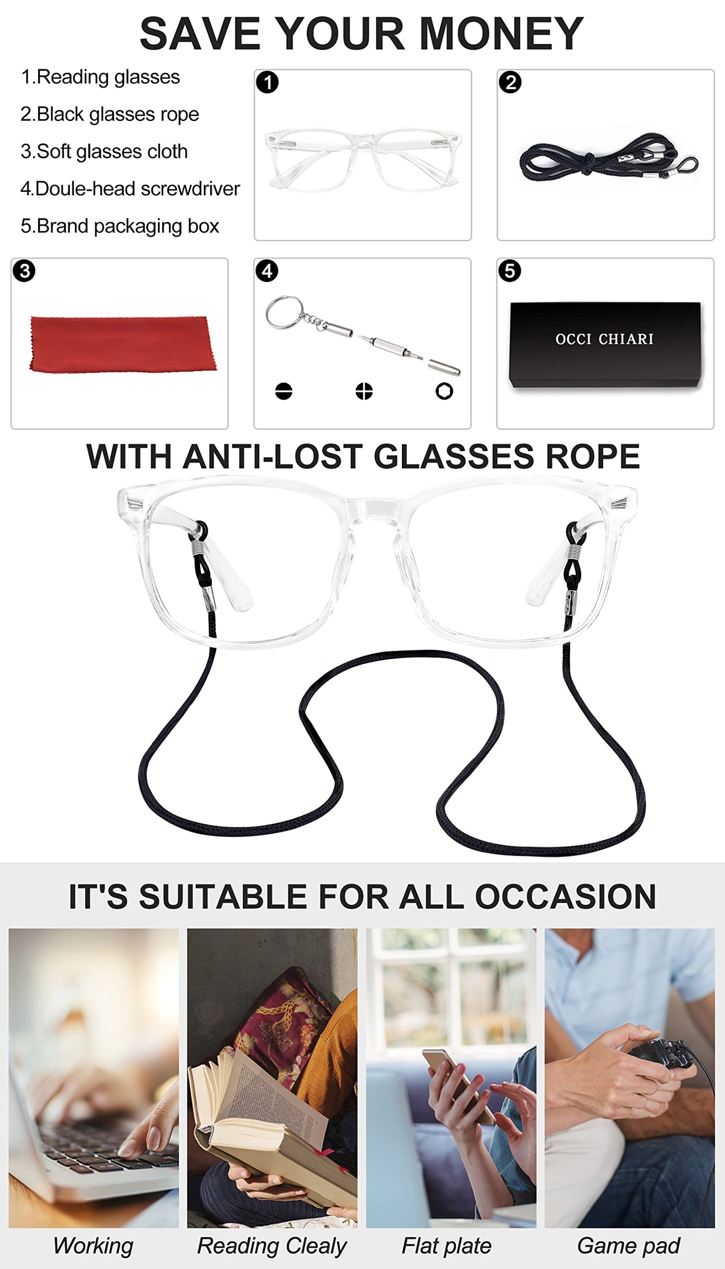 Blue Light Blocking Rectangle Reading Glasses Women Oversized Reader OC5121