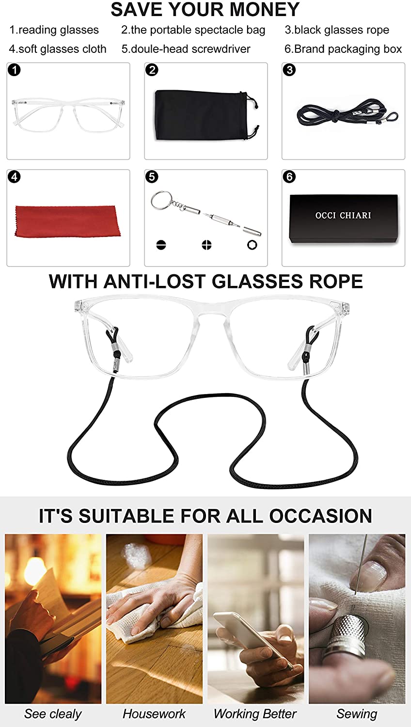 OCCI CHIARI Reading Glasses Men's Large Reader Durable Spring Hinge OC5026