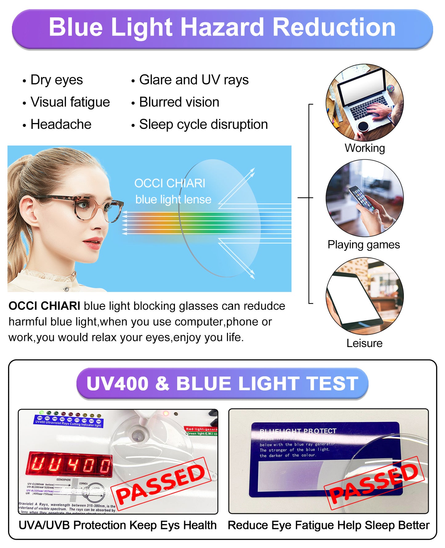 OCCI CHIARI Blue Light Filter Reading Glasses Power Anti Glare Readers for Women ABL5017