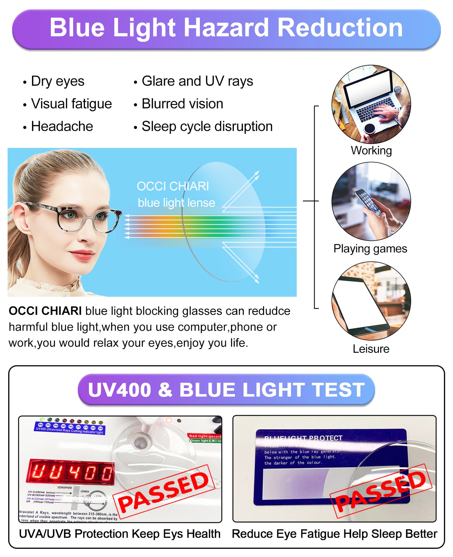 OCCI CHIARI Blue Light Filter Reading Glasses Power Anti Glare Readers for Women ABL5017