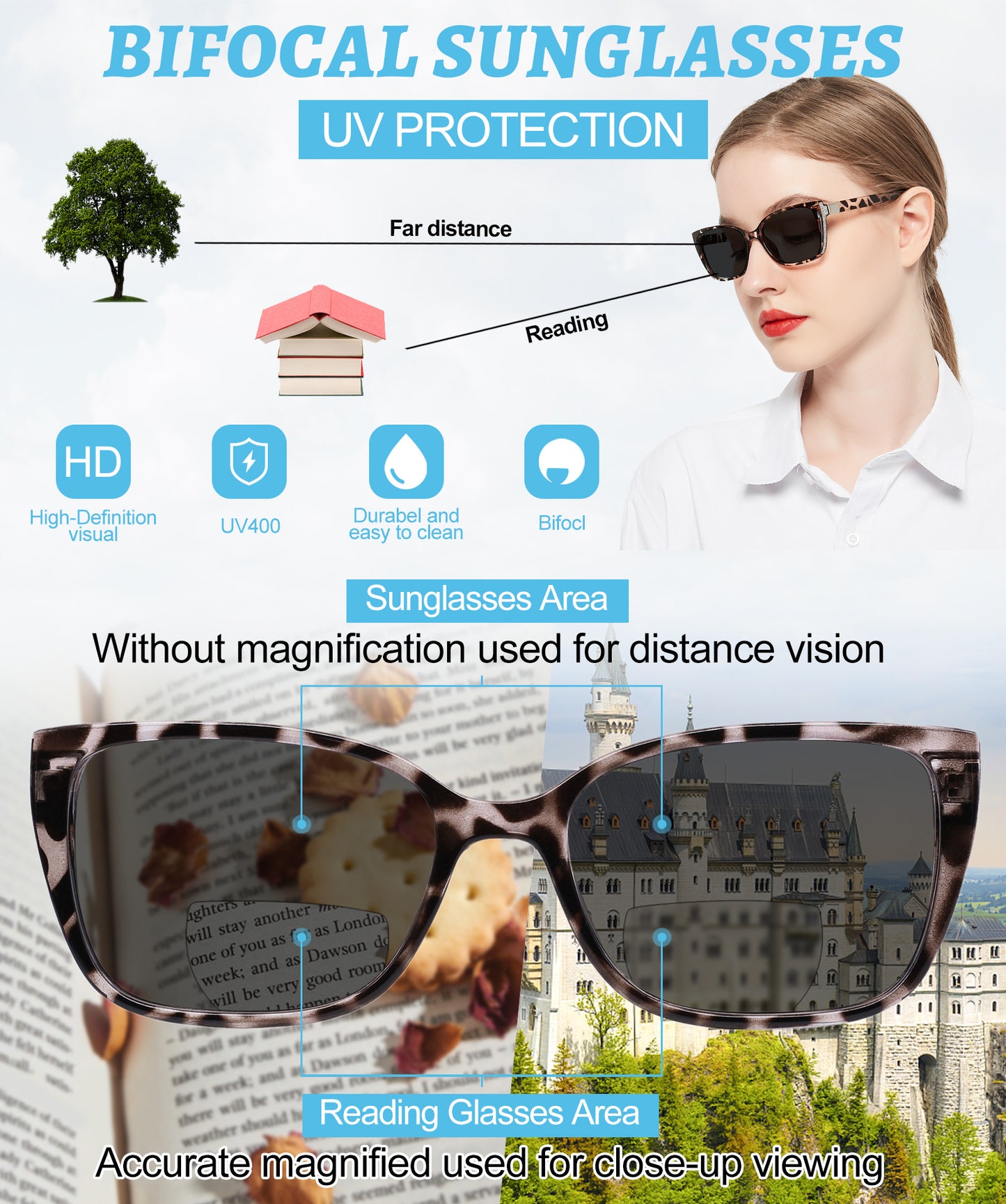 OCCI CHIARI Bifocal Reading Sunglasses Womems Large Blue Light Blocking Sun Readers Outdoor UV400 ABL5117BS