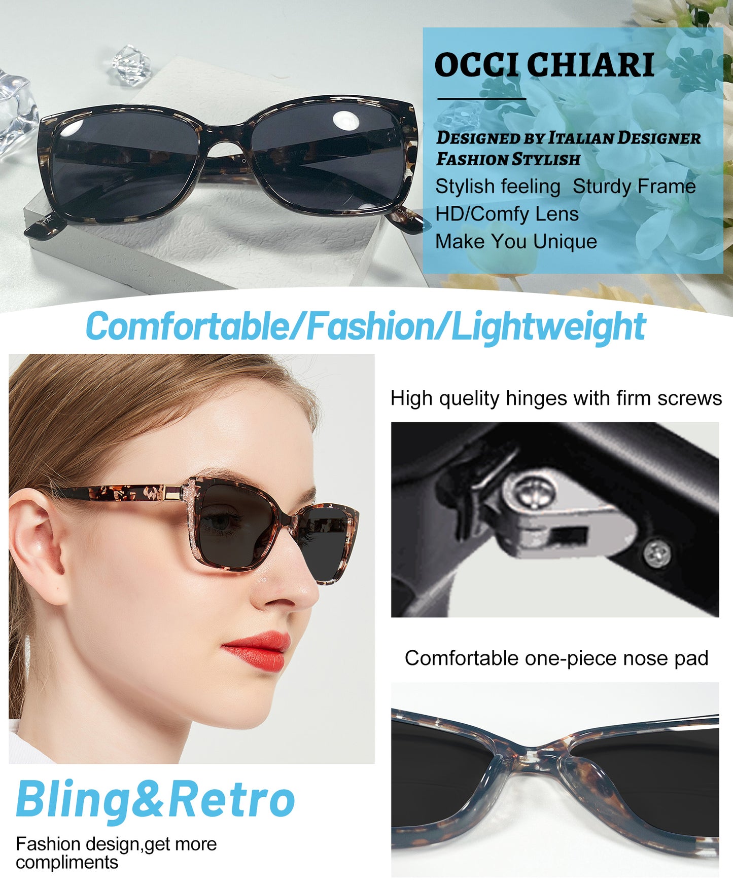 OCCI CHIARI Bifocal Reading Sunglasses Womems Large Blue Light Blocking Sun Readers Outdoor UV400 ABL5117BS