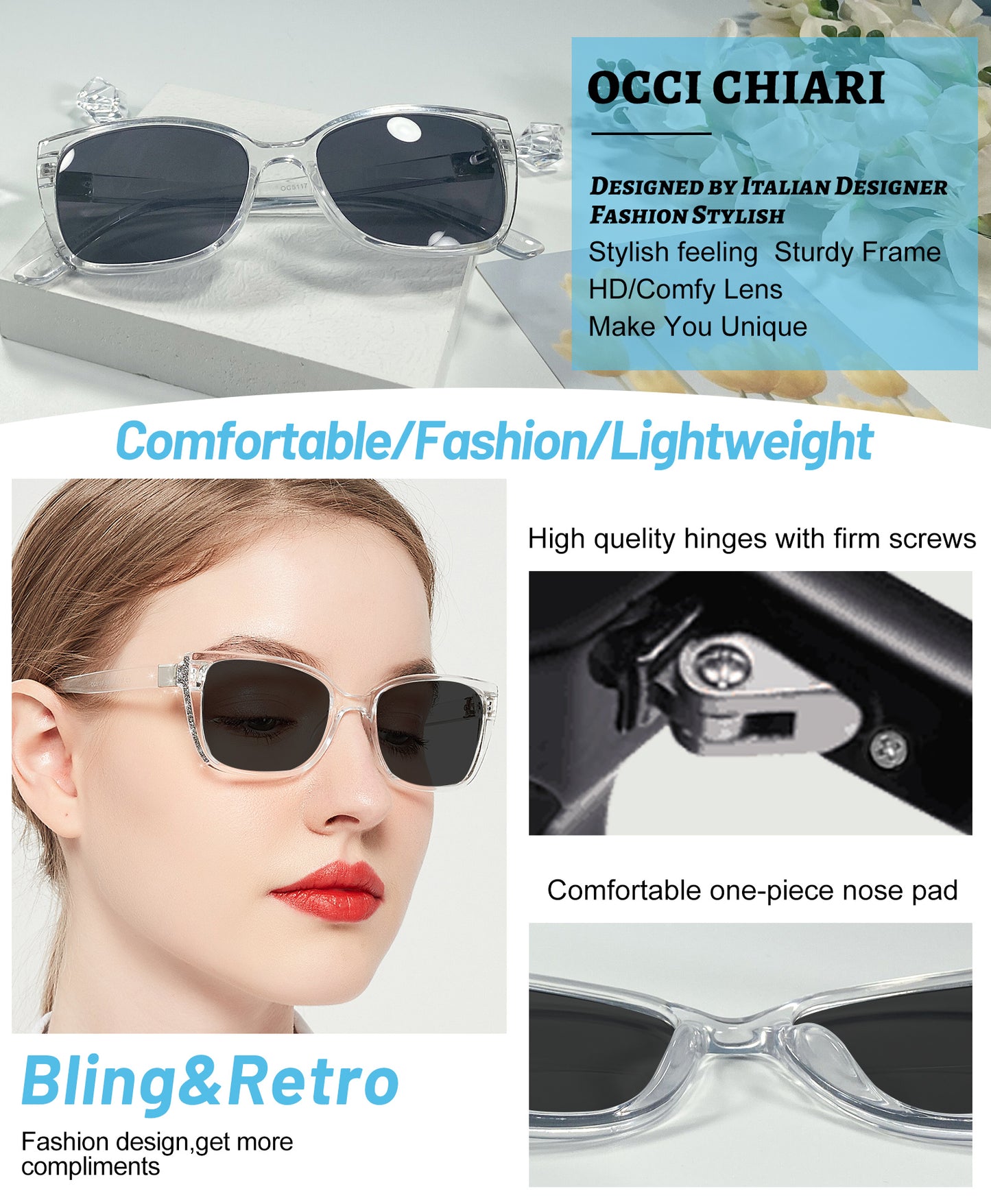 OCCI CHIARI Bifocal Reading Sunglasses Womems Large Blue Light Blocking Sun Readers Outdoor UV400 ABL5117BS