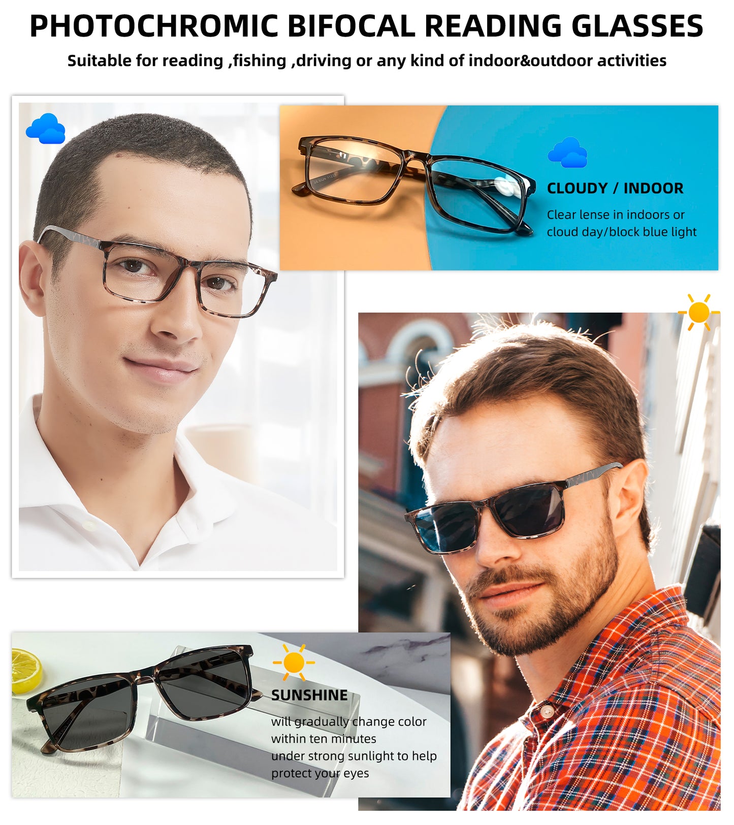 OCCI CHIARI Photochromic Bifocal Reading Sunglasses for Men BS OC5195