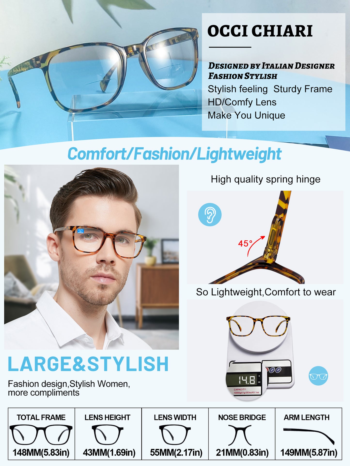 OCCI CHIARI Blue Light Blocking Reading Glasses for Men XL Comfort Readers Abl5209