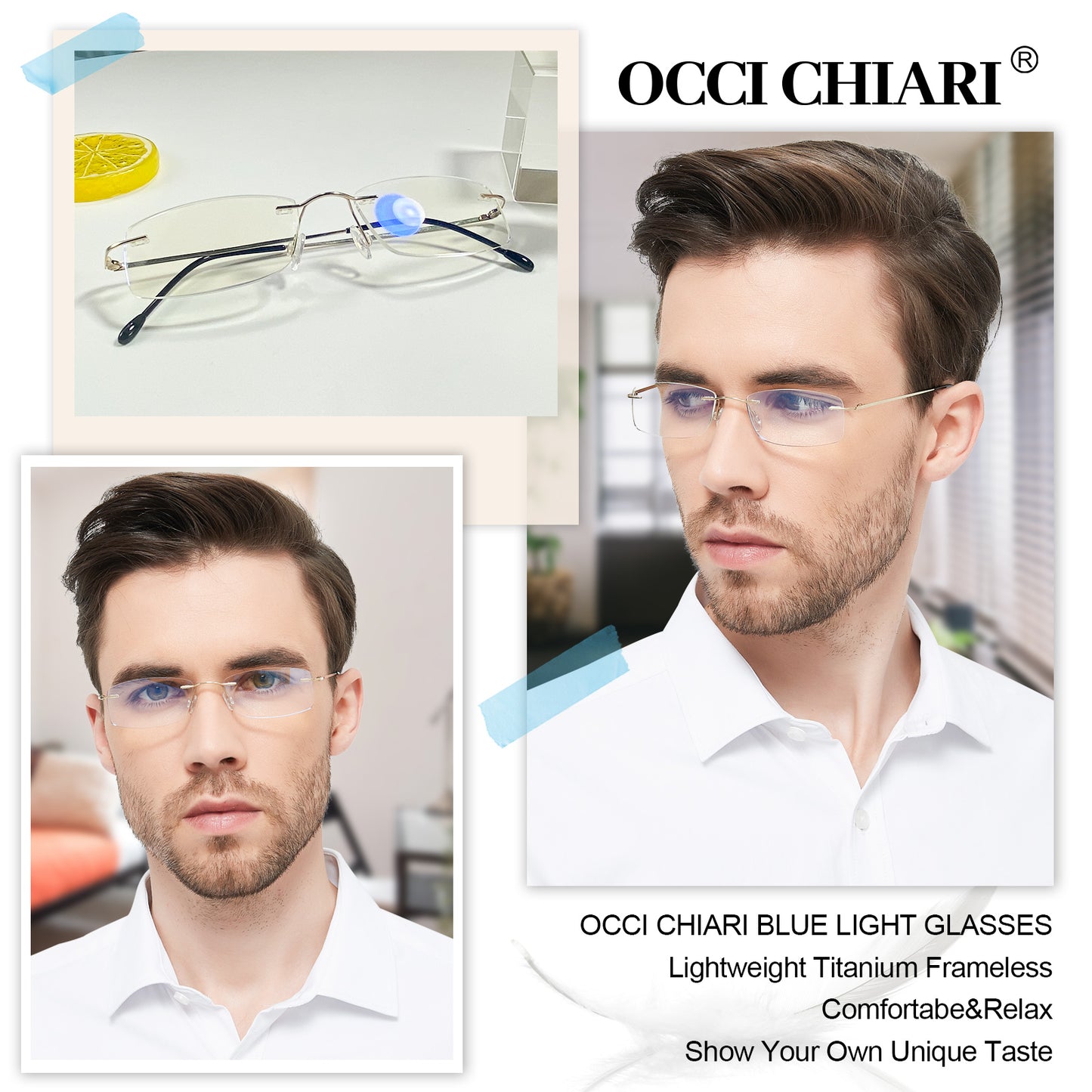 OCCI CHIARI Blue Light Blocking Reading Glasses for Men Titanium Frameless Readers Lightweight ABL5011