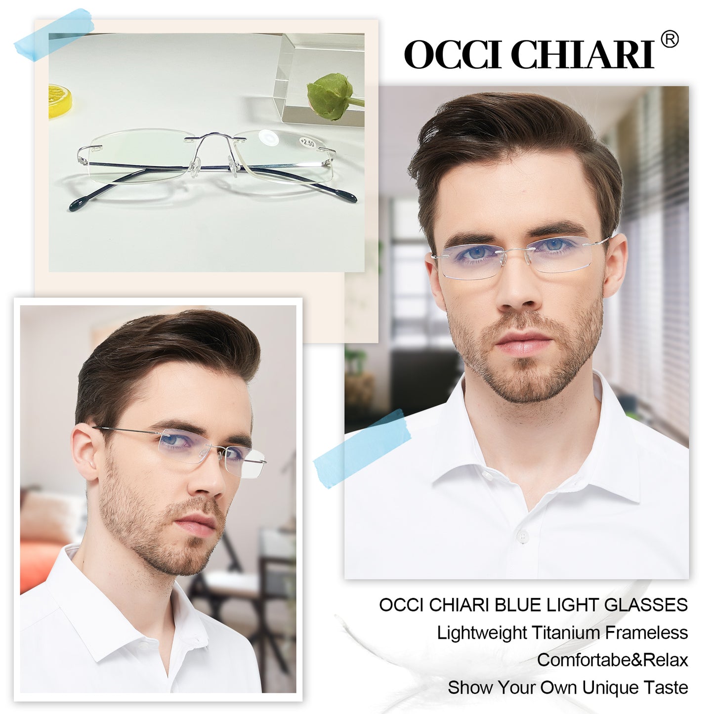OCCI CHIARI Blue Light Blocking Reading Glasses for Men Titanium Frameless Readers Lightweight ABL5011