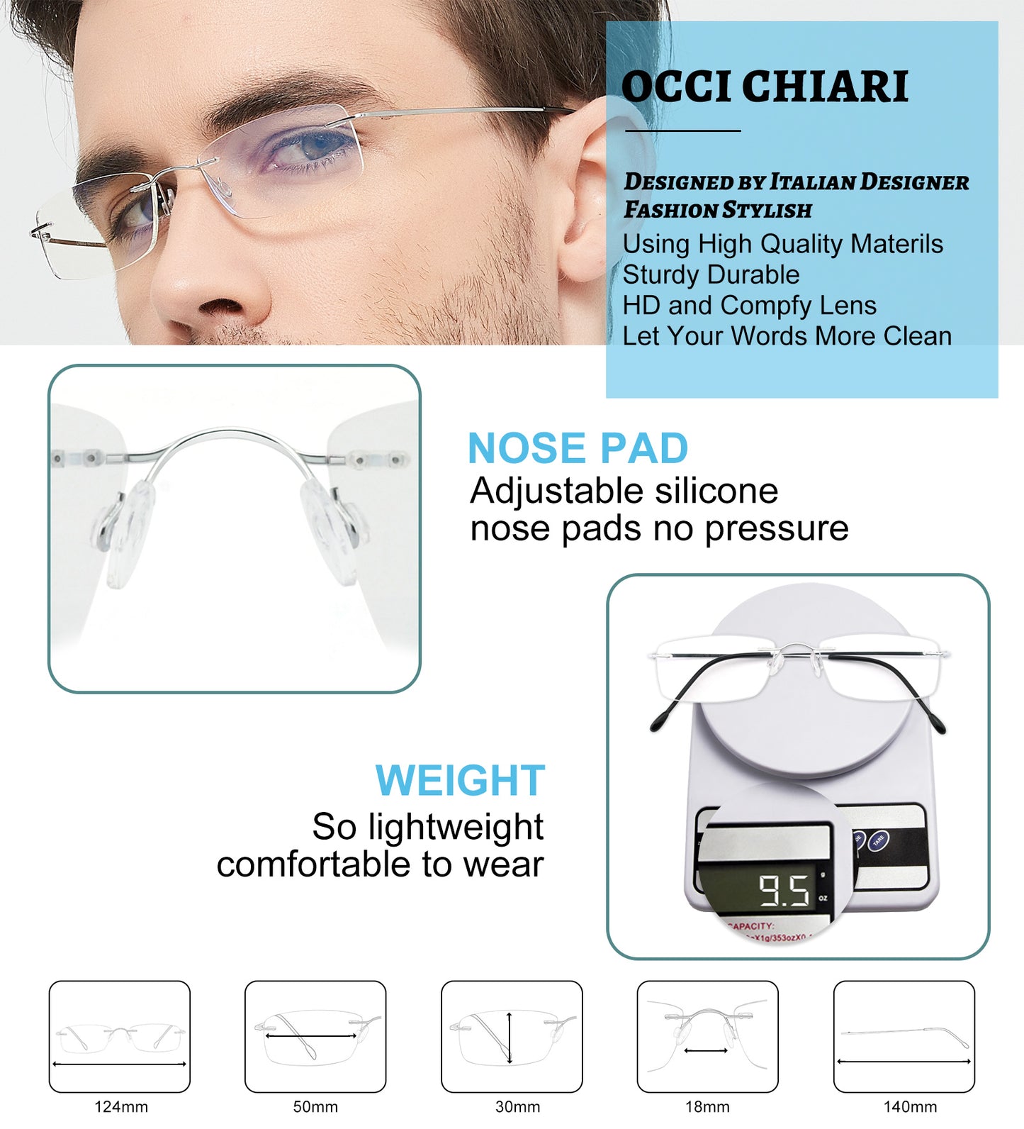 OCCI CHIARI Blue Light Blocking Reading Glasses for Men Titanium Frameless Readers Lightweight ABL5011