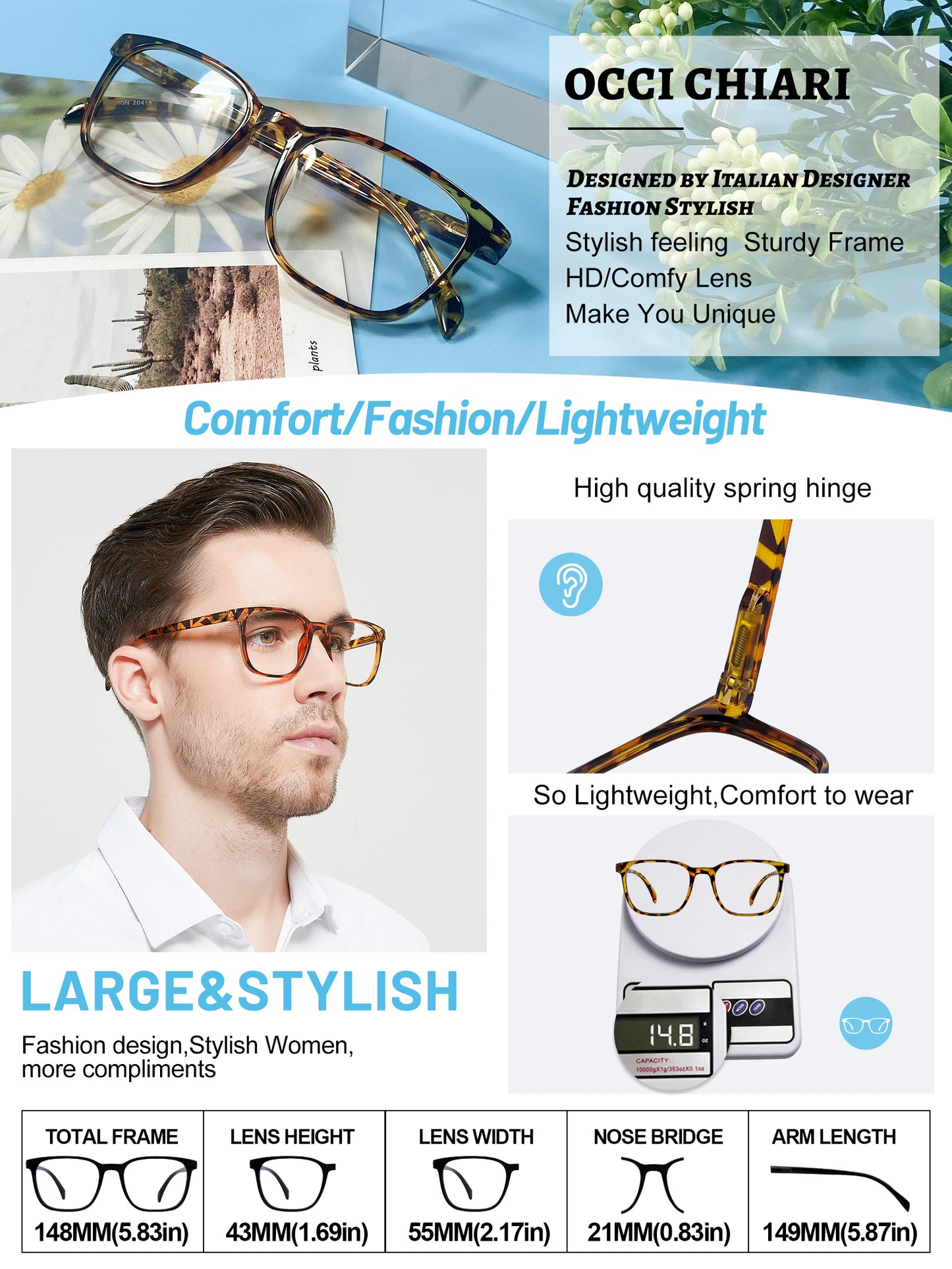 OCCI CHIARI Transition Bifocal Reading Glasses for Men XL Blue Light Blocking Readers OC5209BB