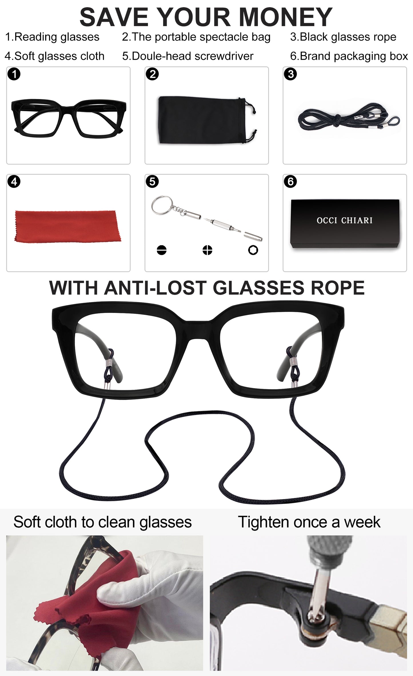 OCCI CHIARI Retro Bifocal Cheaters Reading Glasses - Full-Rimmed Classic Square Large Frame Crystal Clear OC5031BB