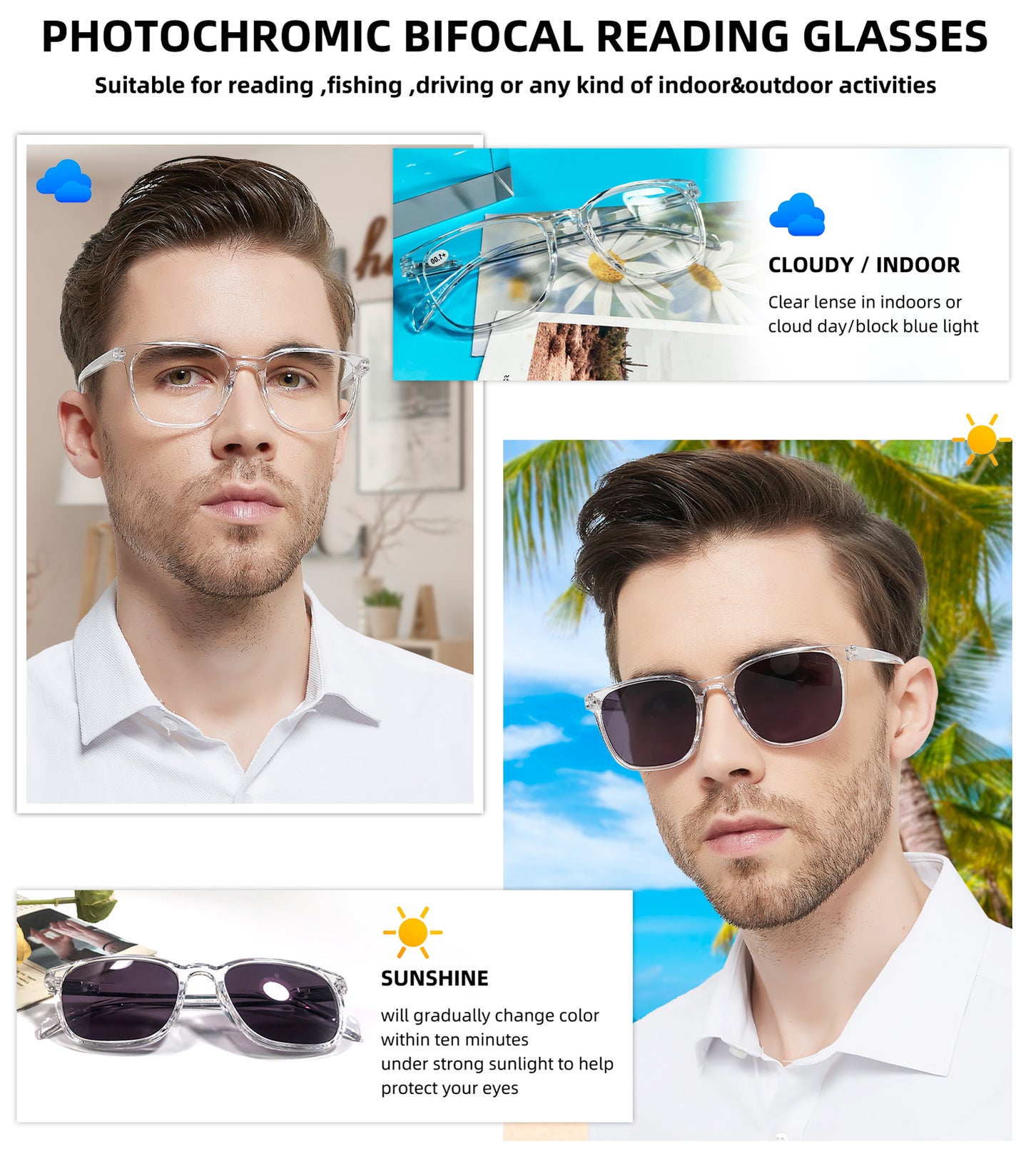 OCCI CHIARI Photochromic Bifocal Reading Glasses for Mens,Wide Transition UV Protection Sunglasses Readers BS OC5209