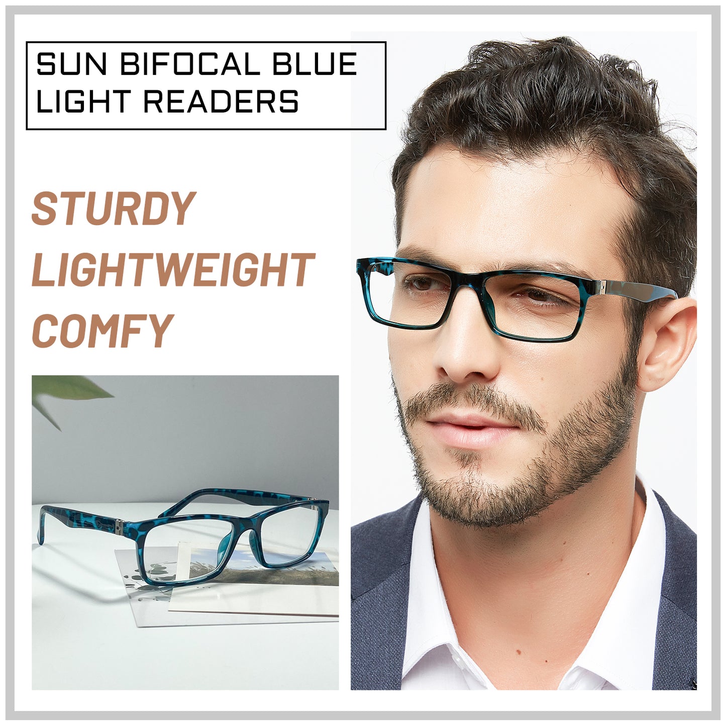 OCCI CHIARI Bifocals Reading Glasses for Men,Transition Square Eye Protection Readers OC5030BB