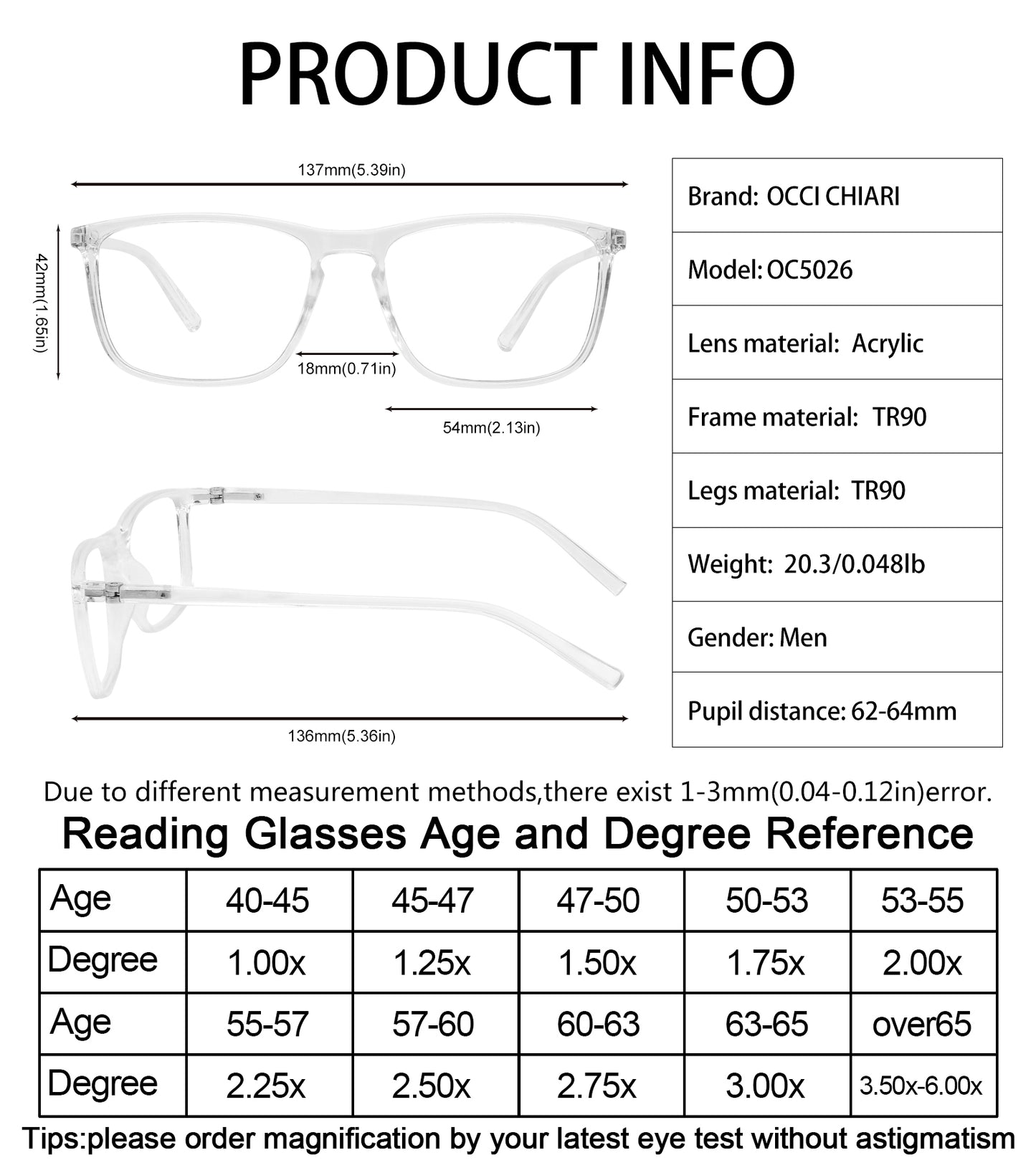 OCCI CHIARI Men’s Blue Light Blocking Reading Glasses ABL5026