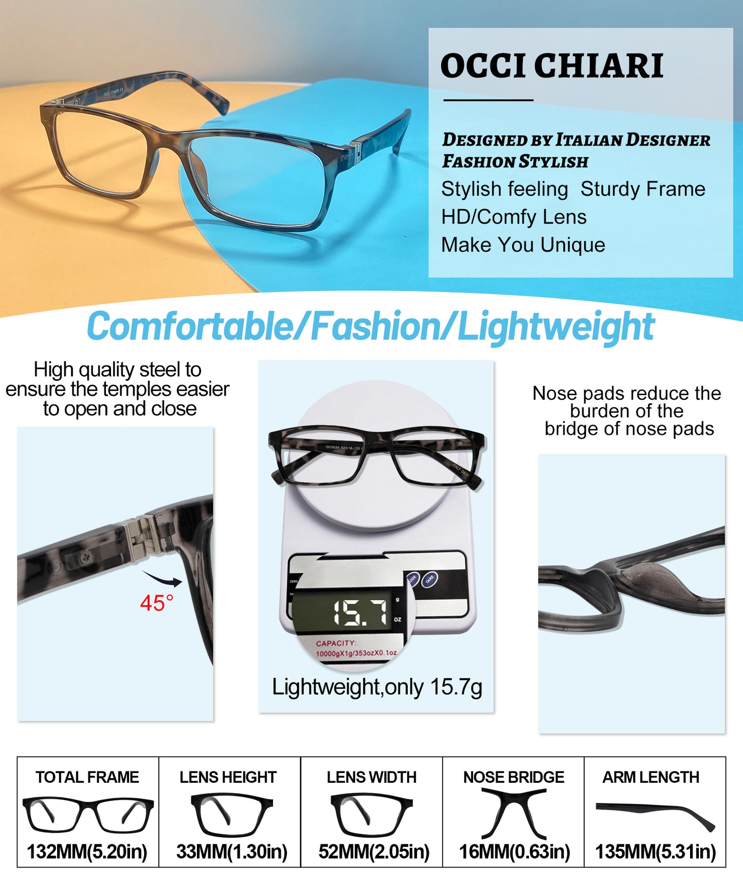 OCCI CHIARI Bifocals Reading Glasses for Men,Transition Square Eye Protection Readers OC5030BB