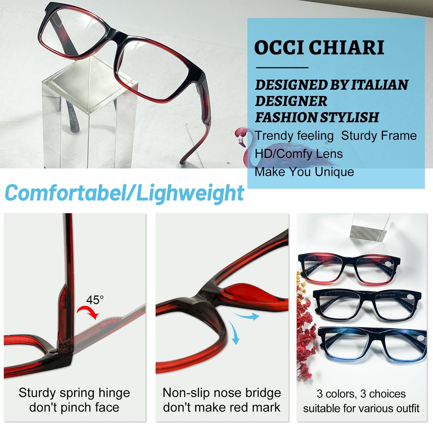 OCCI CHIARI Colorful Reading Glasses Women Lightweight Slim Readers OC1105