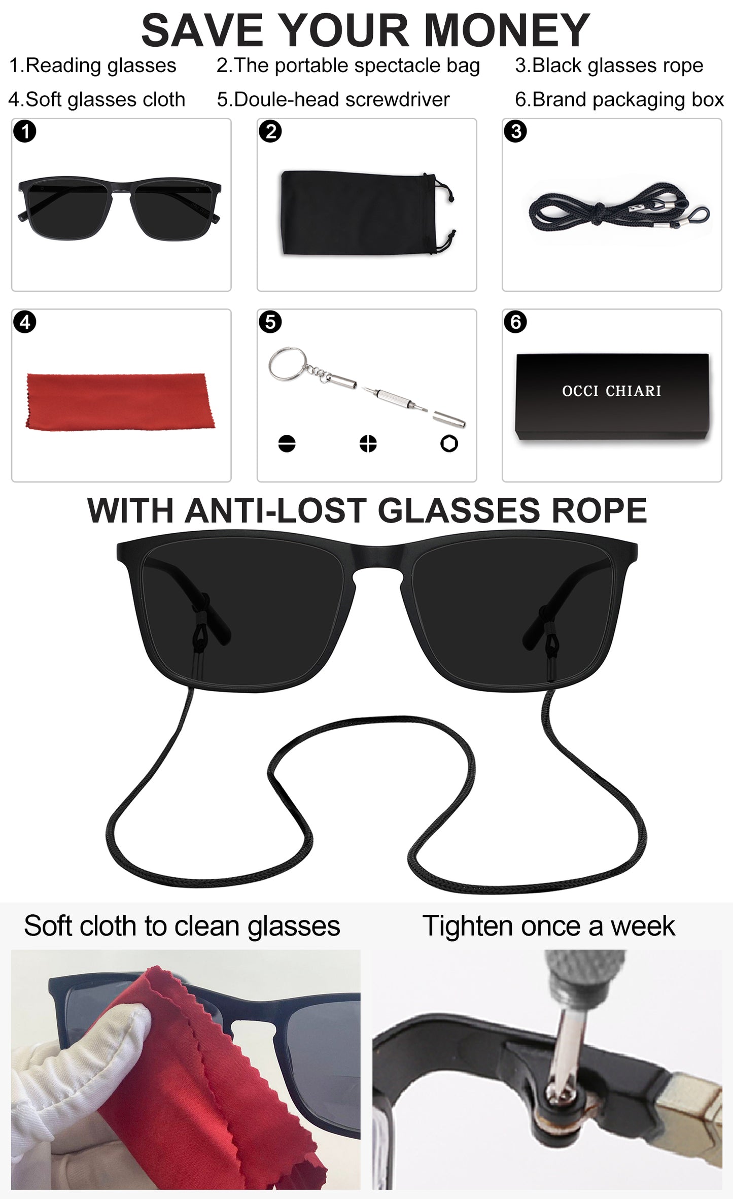 OCCI CHIARI Sun Bifocal Reading Glasses for Men Large Sunglasses Reader UV400 OC5026BS