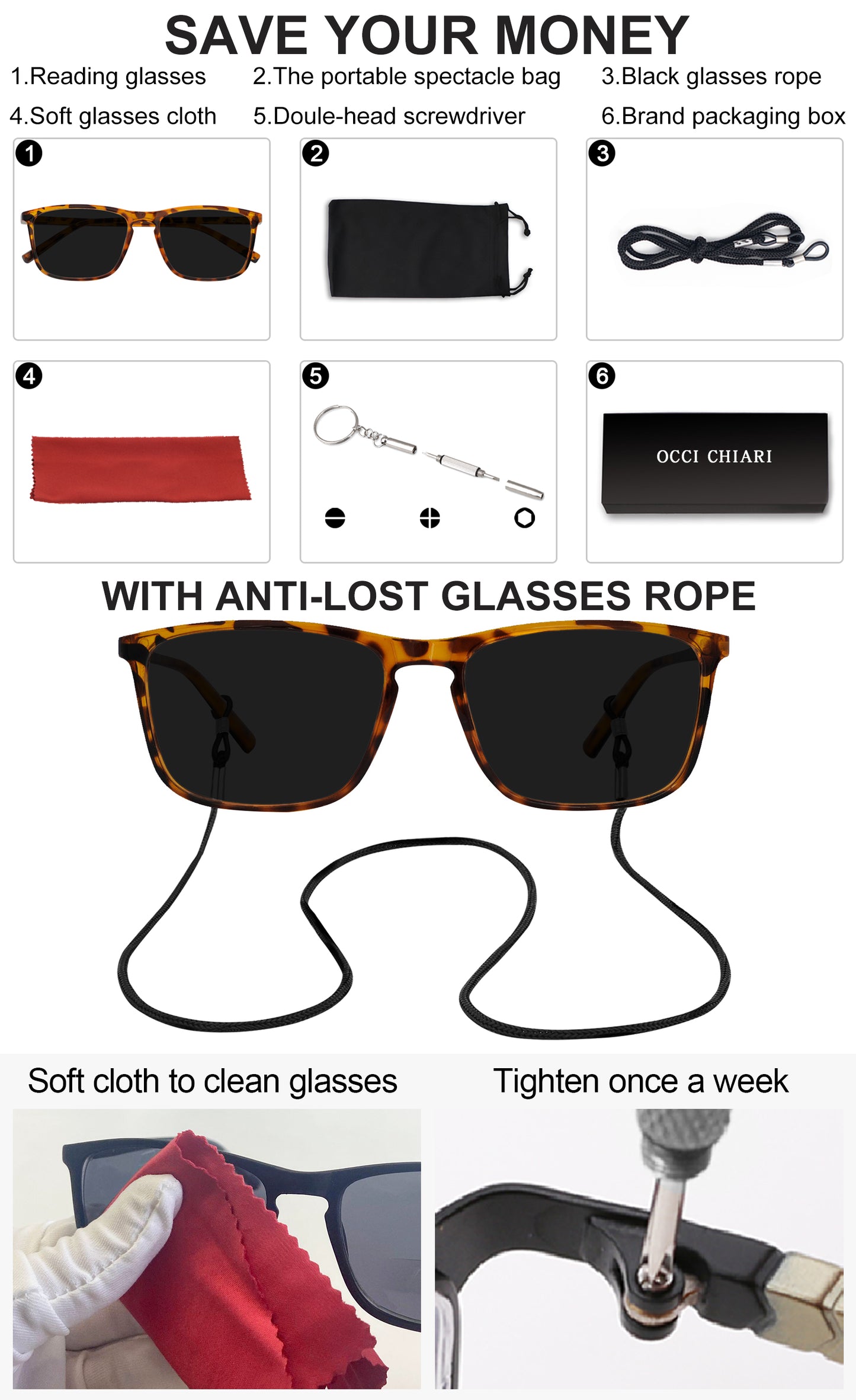 OCCI CHIARI Sun Bifocal Reading Glasses for Men Large Sunglasses Reader UV400 OC5026BS