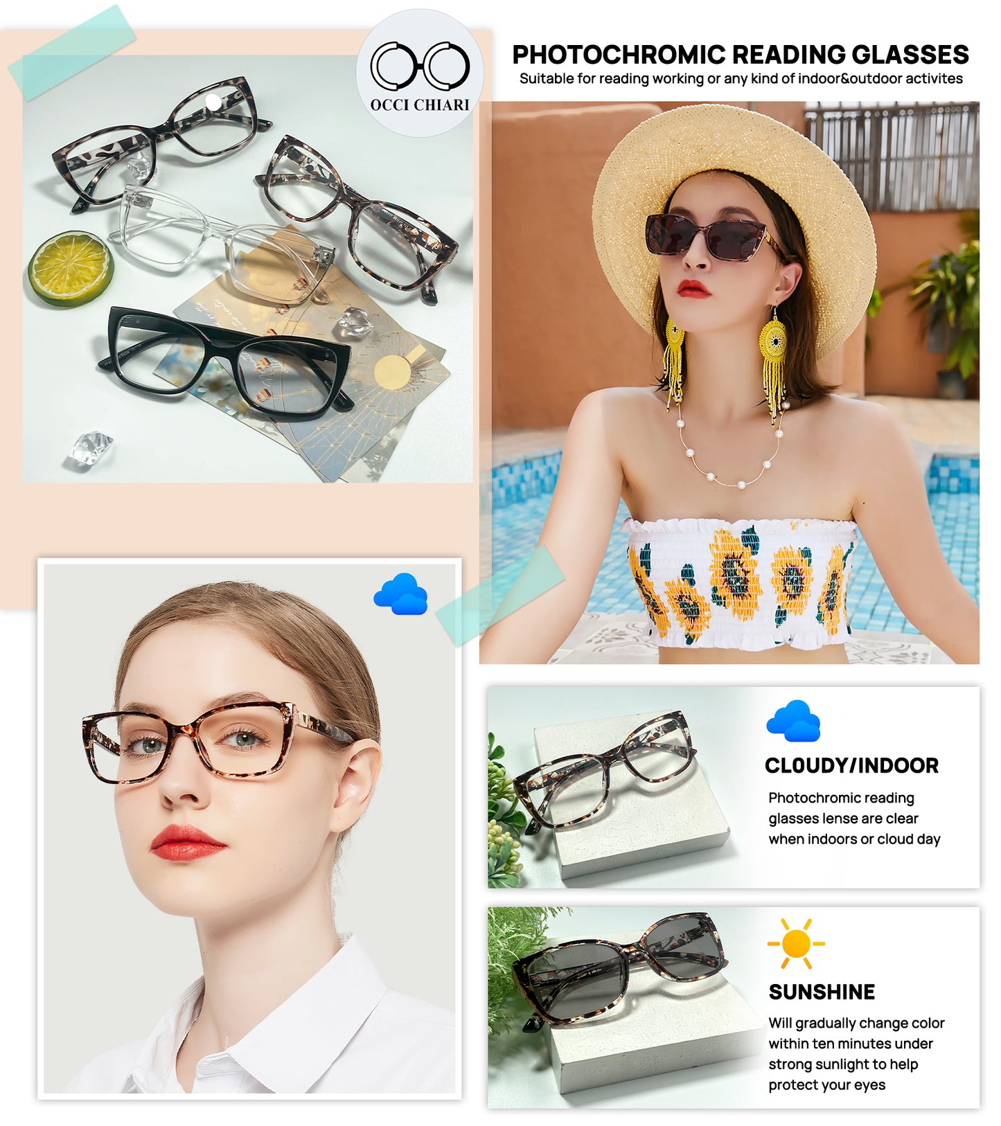 OCCI CHIARI Blue Light Blocking Photochromic Reading Glasses  Large Sunglasses Readers POC5117