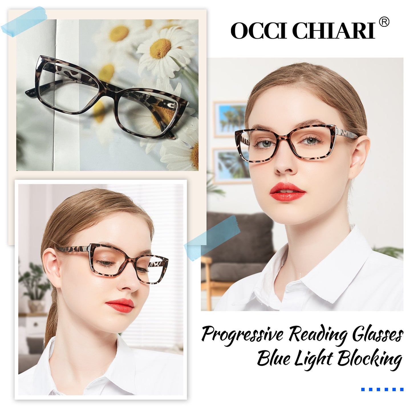 OCCI CHIARI Progressive Bifocal Reading Glasses for Women Transition Multifocal Readers  Blue Blocker OC5117JJ