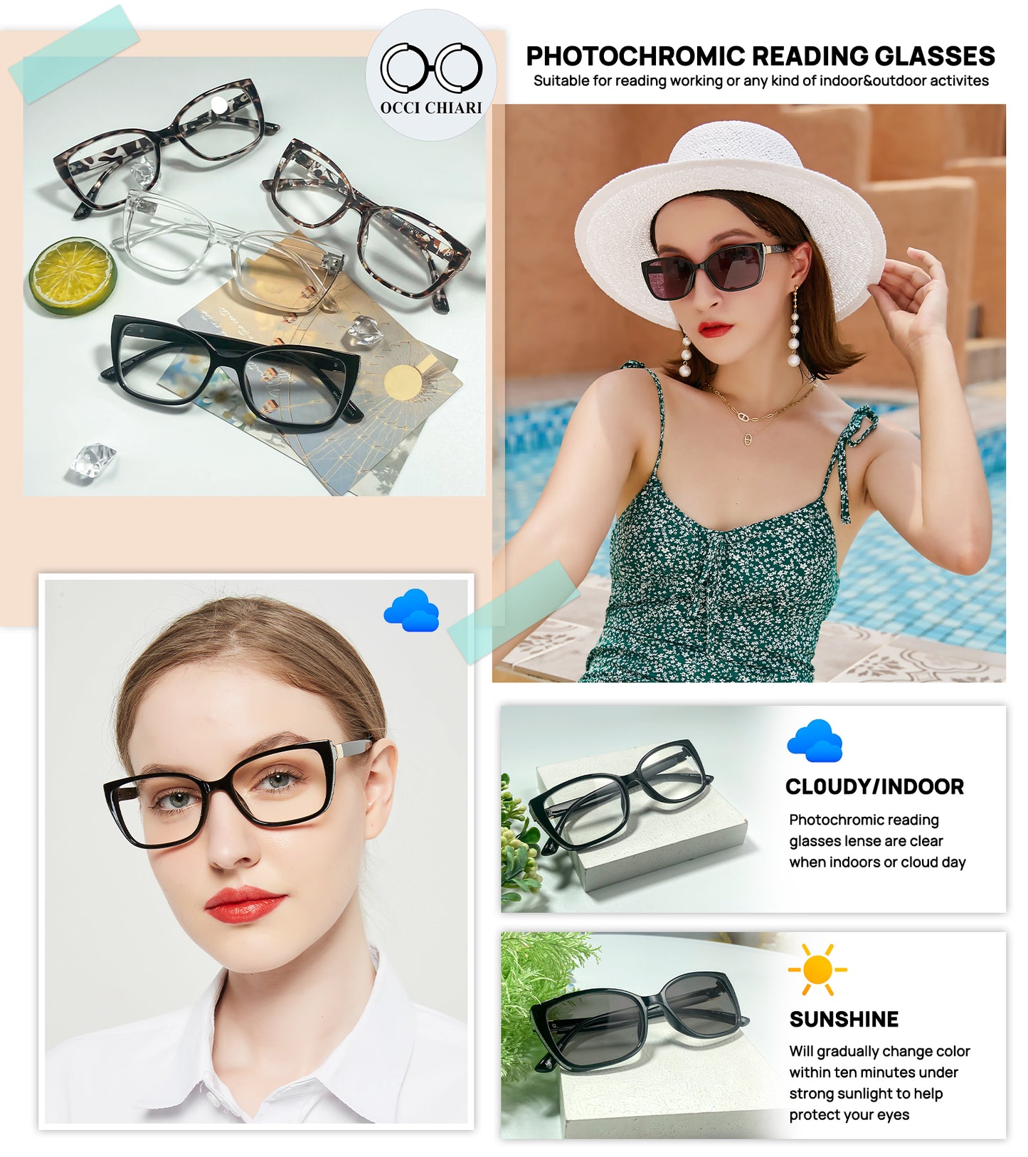 OCCI CHIARI Blue Light Blocking Photochromic Reading Glasses  Large Sunglasses Readers POC5117