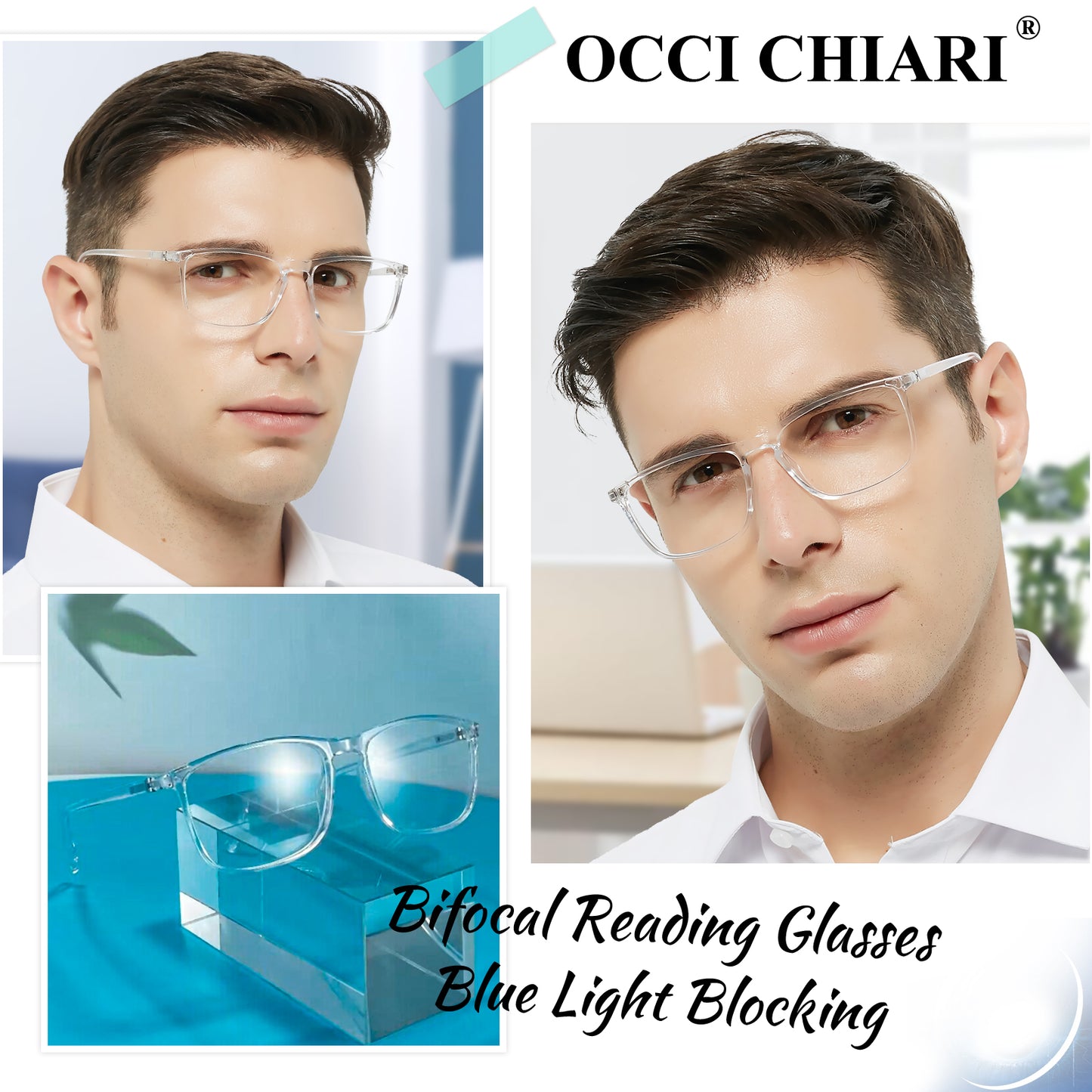 OCCI CHIARI Wide Bifocal Reading Glasses for Men Transition Blue Blocker Readers OC5026BB