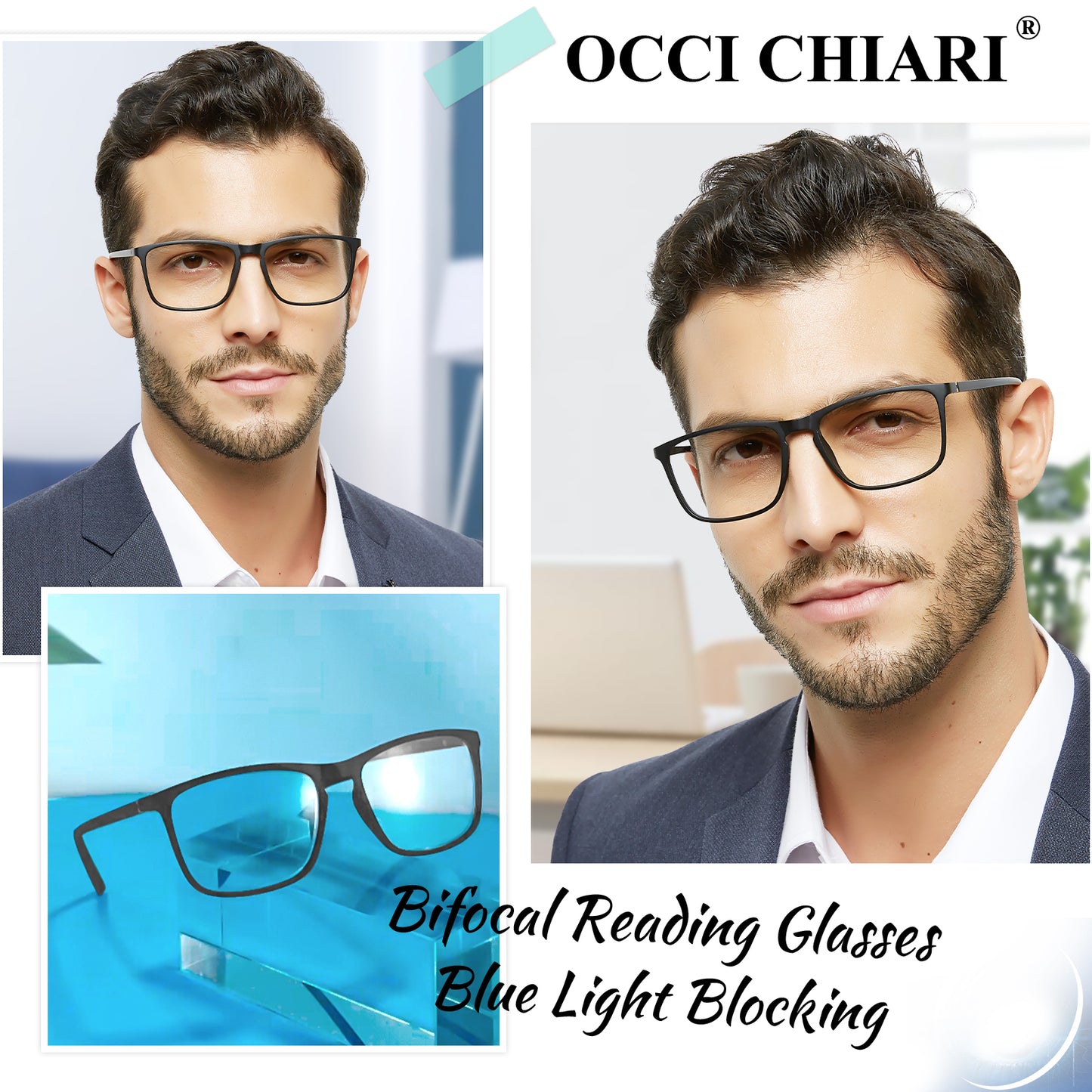 OCCI CHIARI Wide Bifocal Reading Glasses for Men Transition Blue Blocker Readers OC5026BB