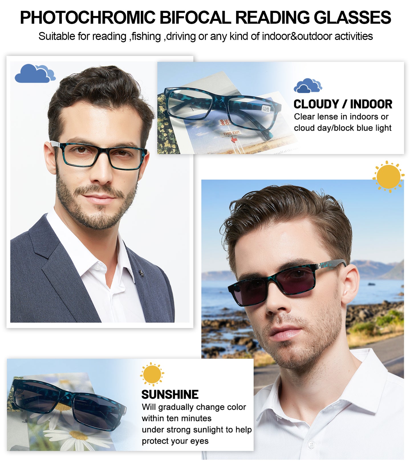 OCCI CHIARI Photochromic Bifocal Reading Glasses for Mens,Square Transition UV Protection Sunglasses Readers BS OC5030