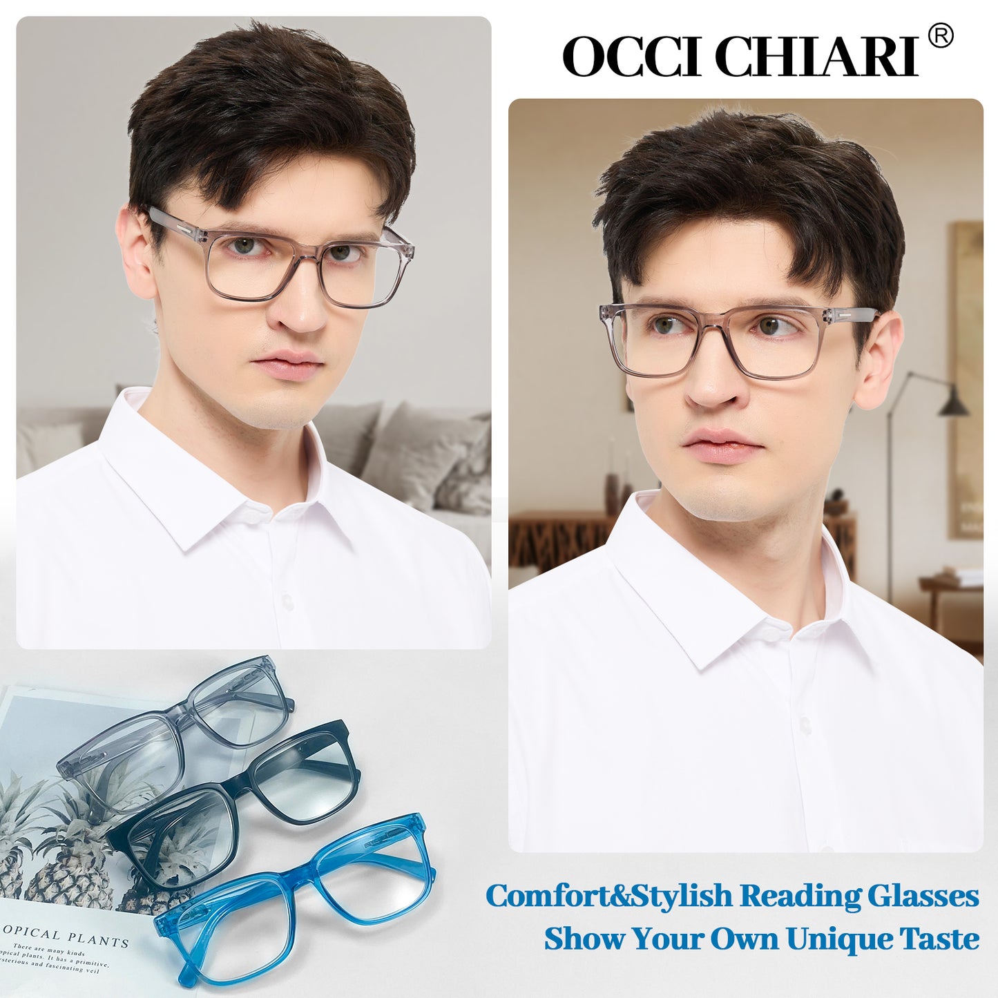 OCCI CHIARI Mens +1.00 Reading Glasses for Big Head Stylish Square Readers OC5284