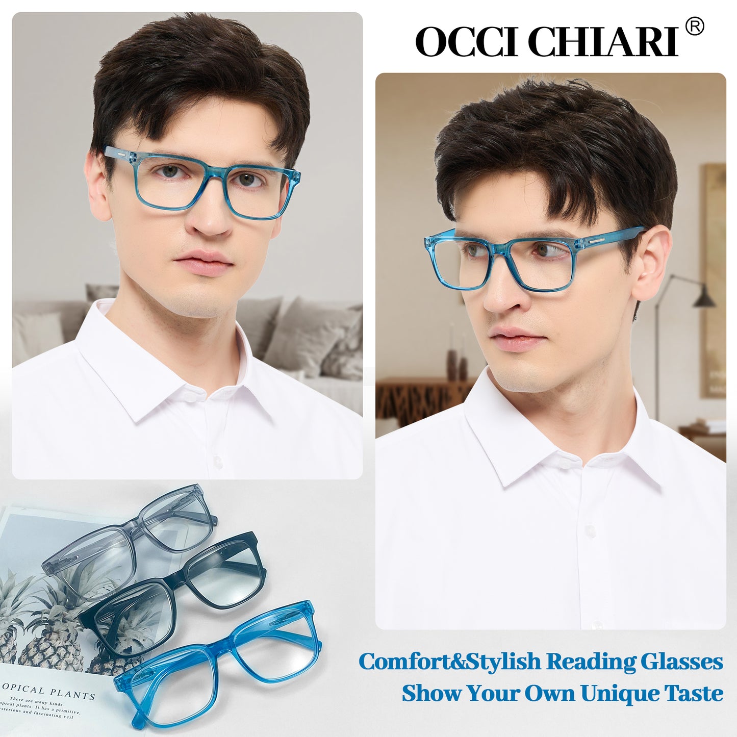 OCCI CHIARI Mens +1.00 Reading Glasses for Big Head Stylish Square Readers OC5284