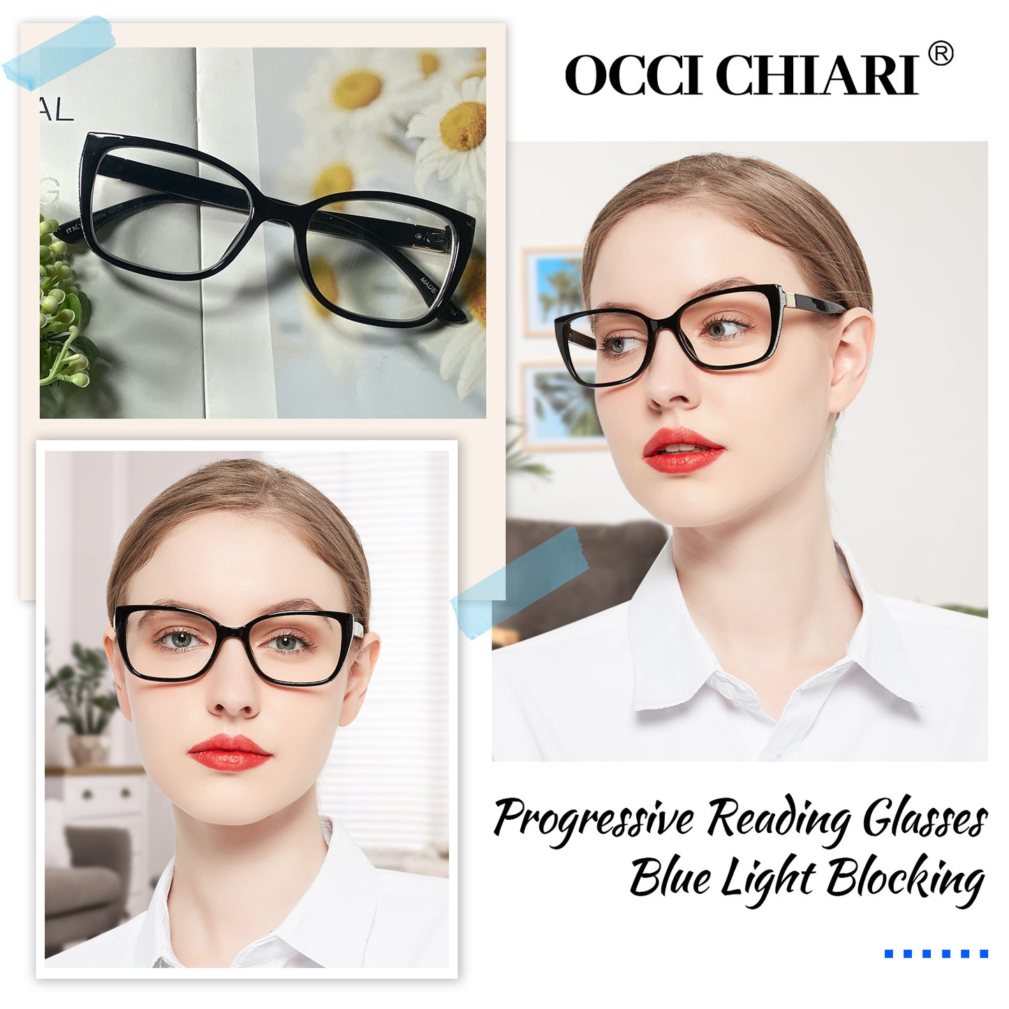 OCCI CHIARI Progressive Bifocal Reading Glasses for Women Transition Multifocal Readers  Blue Blocker OC5117JJ