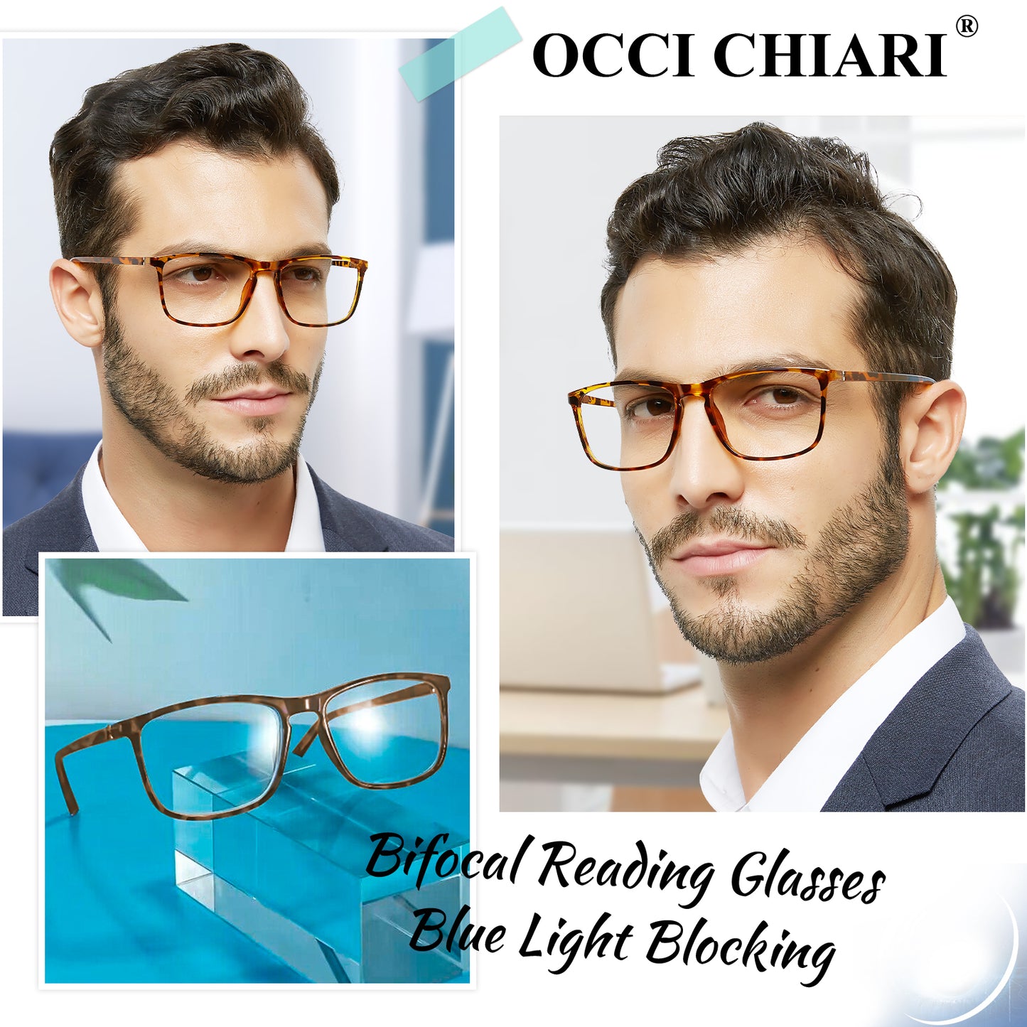 OCCI CHIARI Wide Bifocal Reading Glasses for Men Transition Blue Blocker Readers OC5026BB