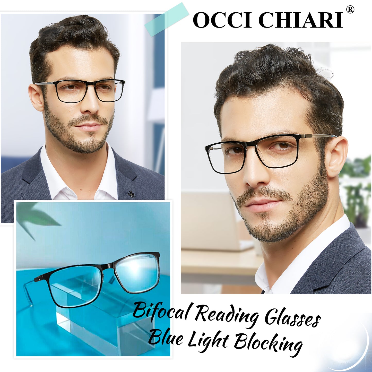 OCCI CHIARI Wide Bifocal Reading Glasses for Men Transition Blue Blocker Readers OC5026BB