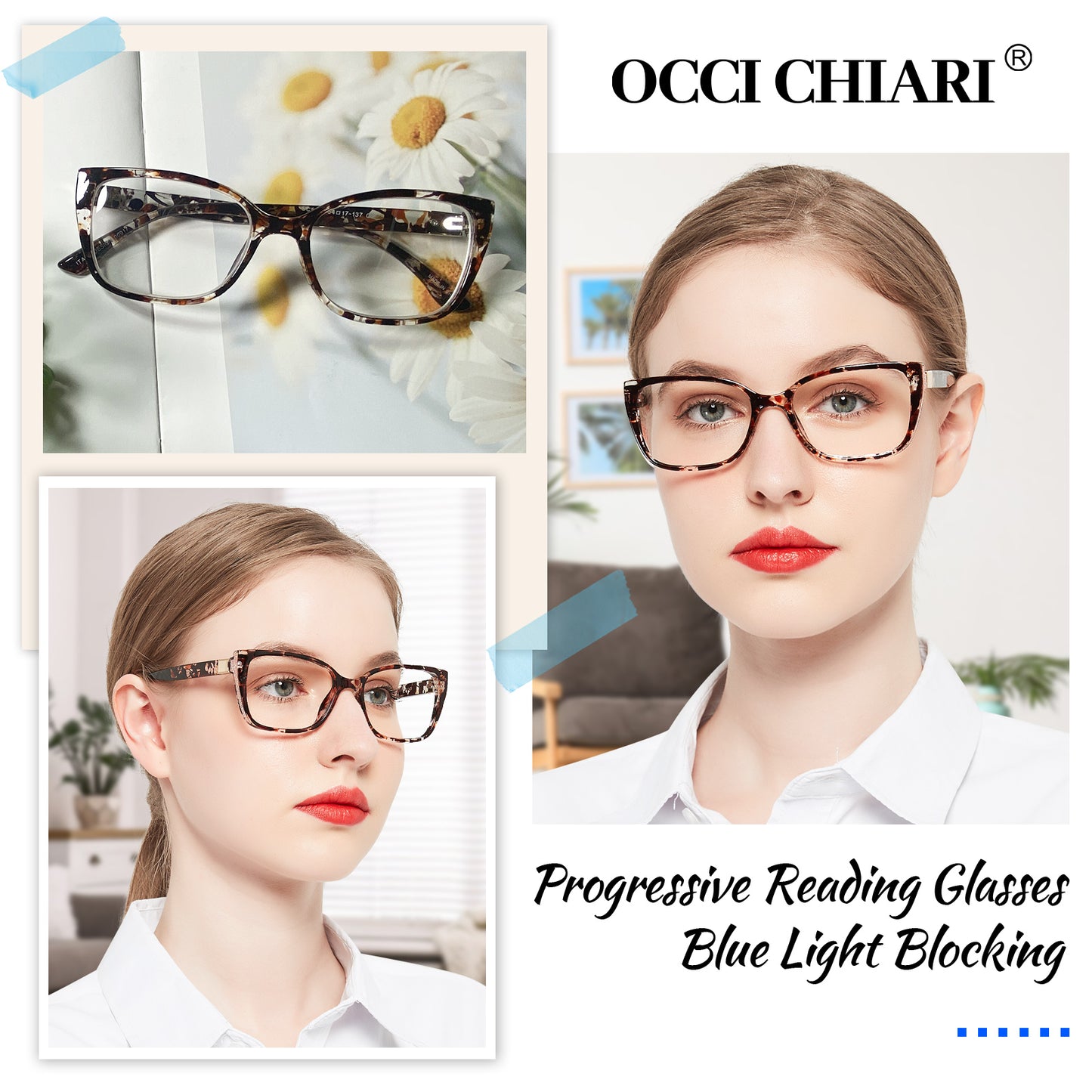 OCCI CHIARI Progressive Bifocal Reading Glasses for Women Transition Multifocal Readers  Blue Blocker OC5117JJ