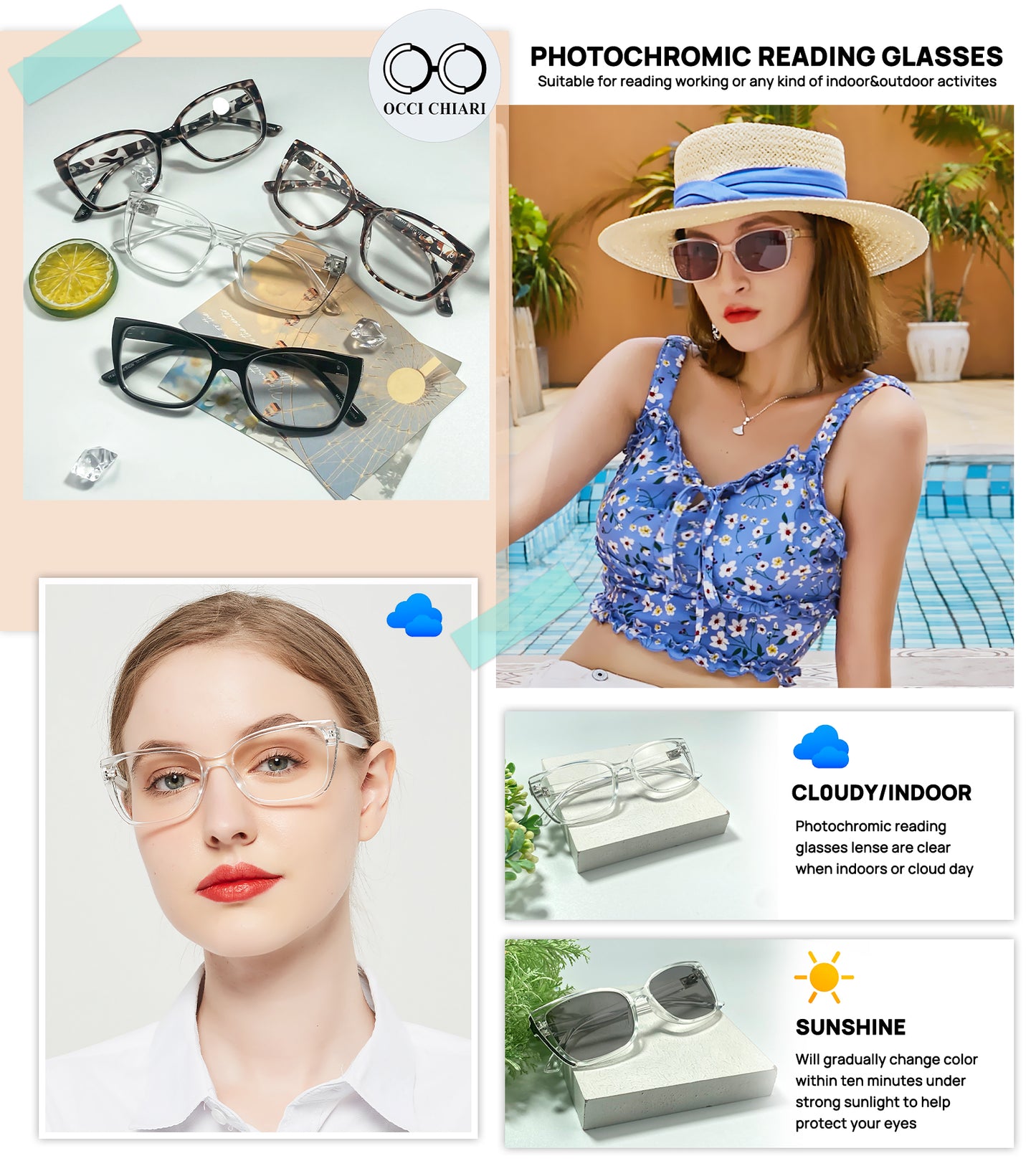OCCI CHIARI Blue Light Blocking Photochromic Reading Glasses  Large Sunglasses Readers POC5117