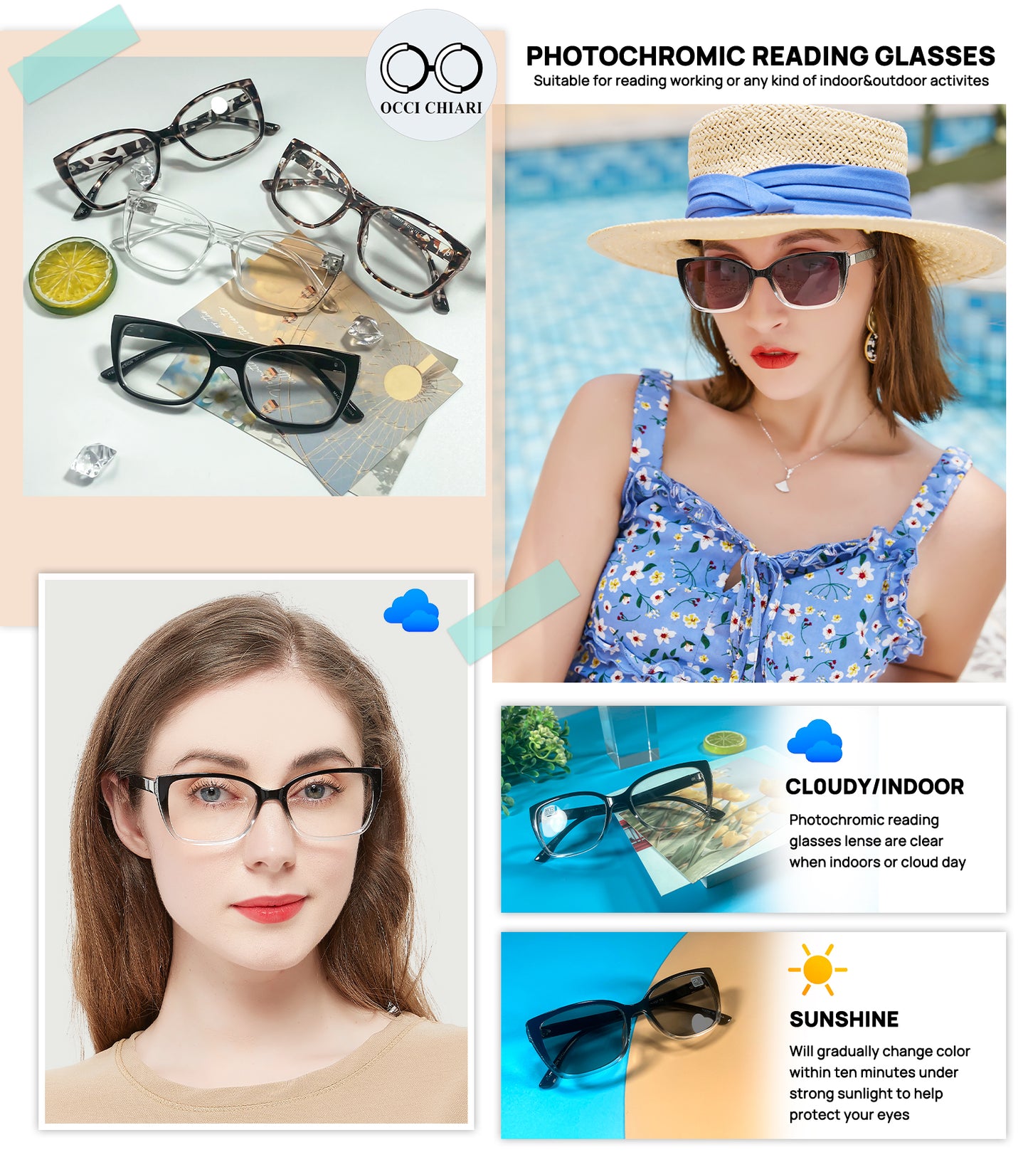 OCCI CHIARI Blue Light Blocking Photochromic Reading Glasses  Large Sunglasses Readers POC5117