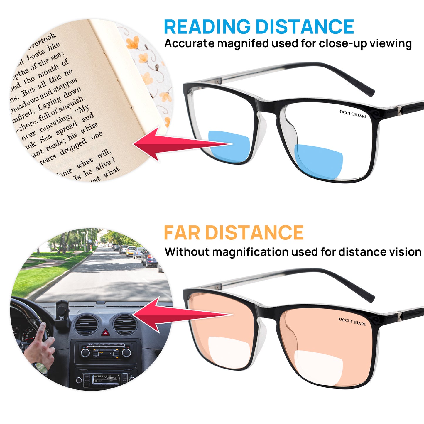 OCCI CHIARI Wide Bifocal Reading Glasses for Men Transition Blue Blocker Readers OC5026BB