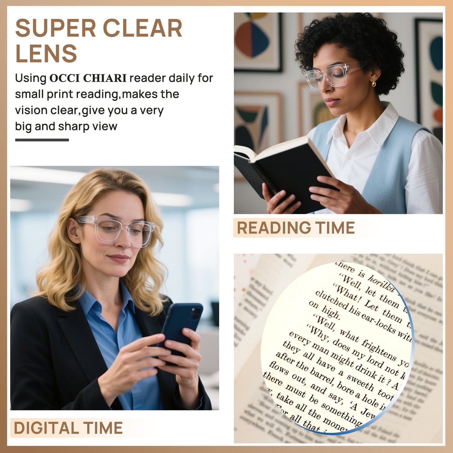 OCCI CHIARI Large Frame Reading Glasses for Women Retro Square Readers OC5078