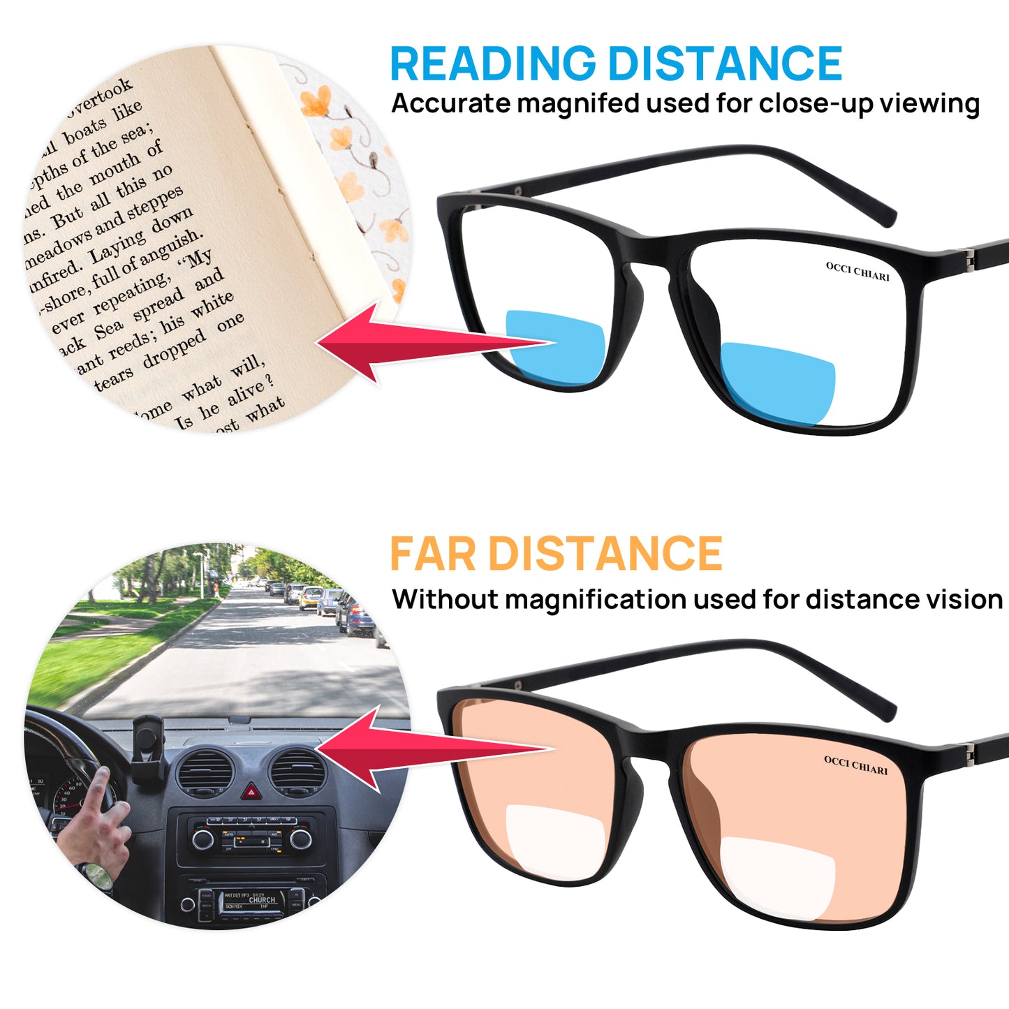 OCCI CHIARI Wide Bifocal Reading Glasses for Men Transition Blue Blocker Readers OC5026BB