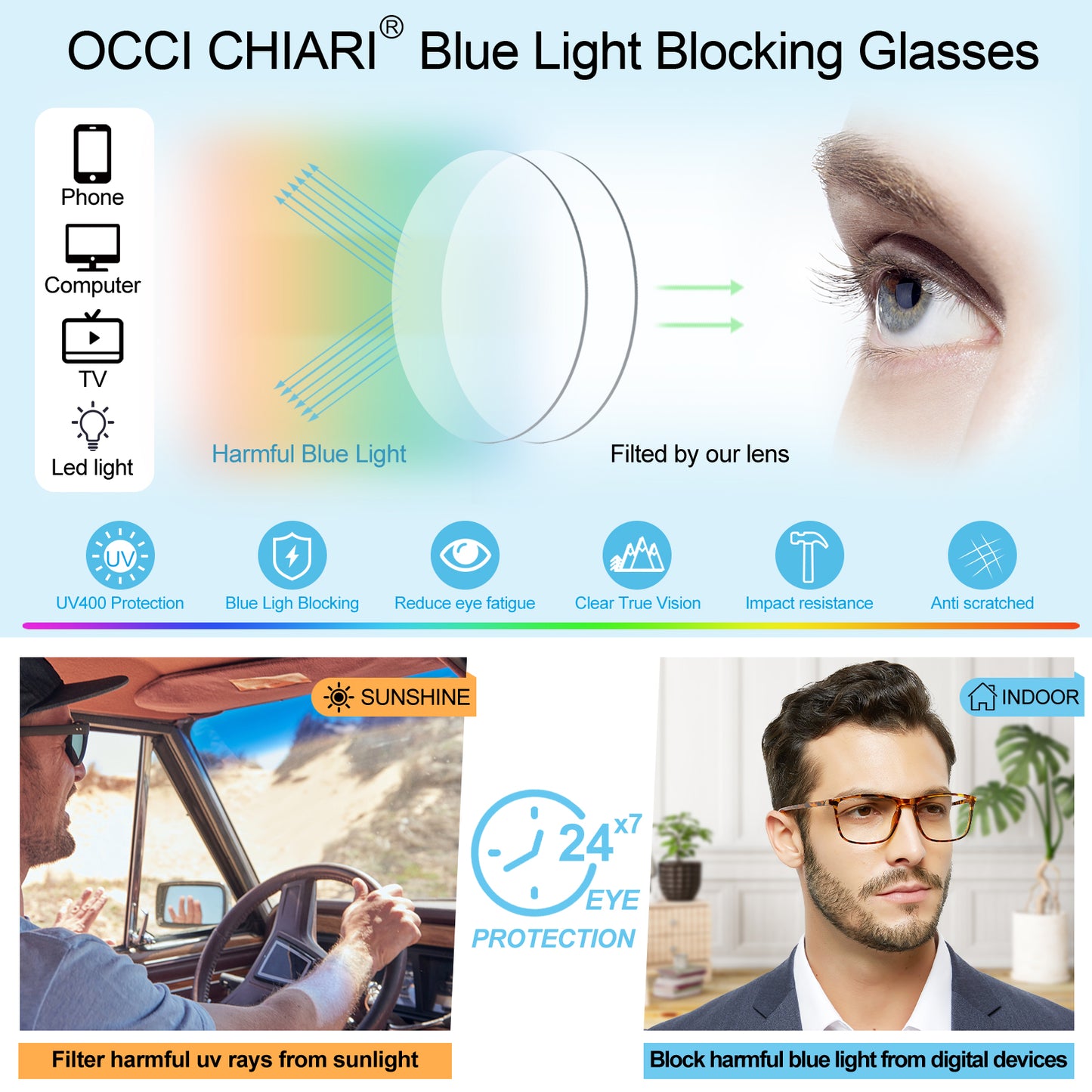 OCCI CHIARI Wide Bifocal Reading Glasses for Men Transition Blue Blocker Readers OC5026BB