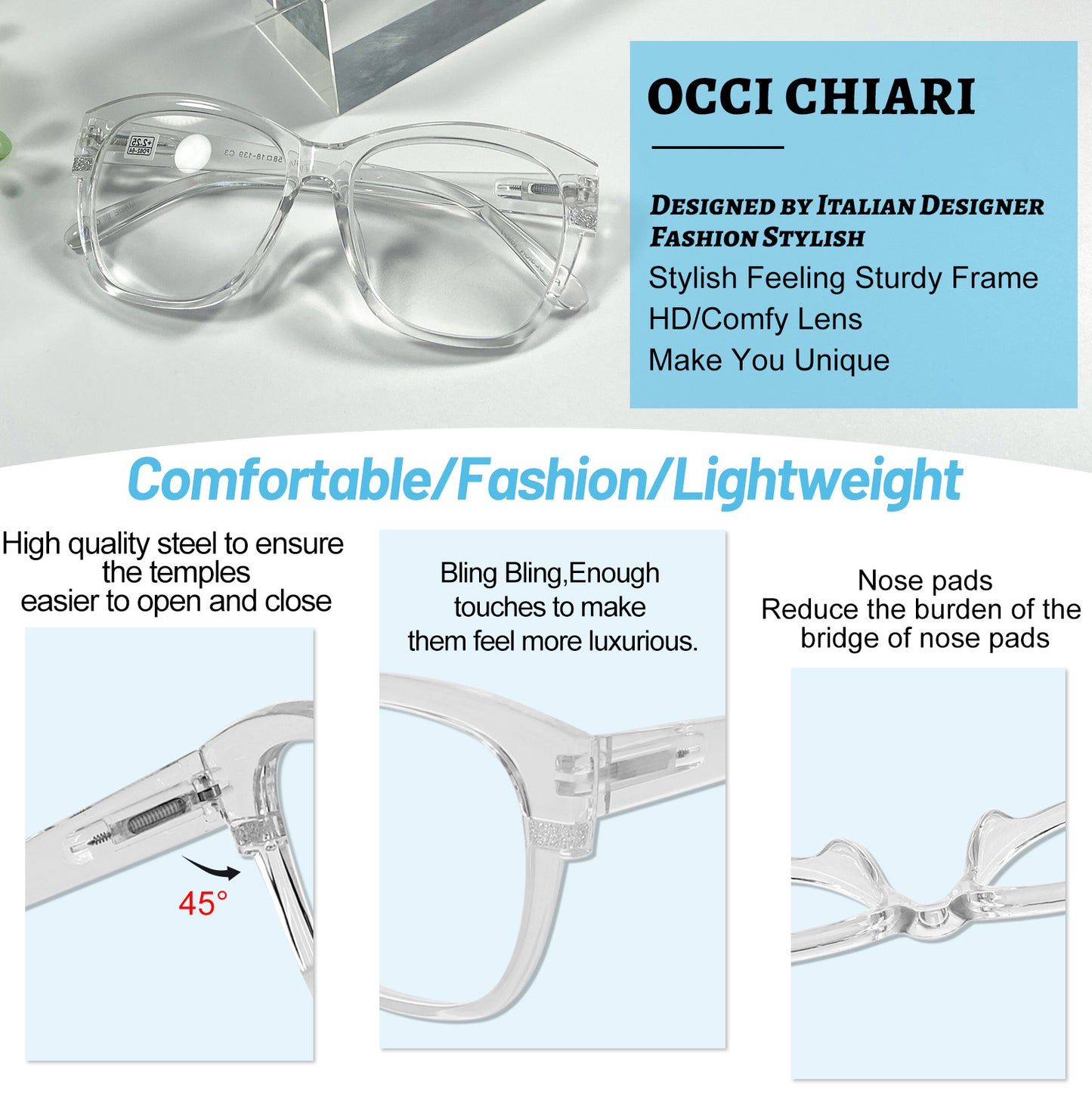 OCCI CHIARI Reading Glasses For Women Wide Square Reader OC5192