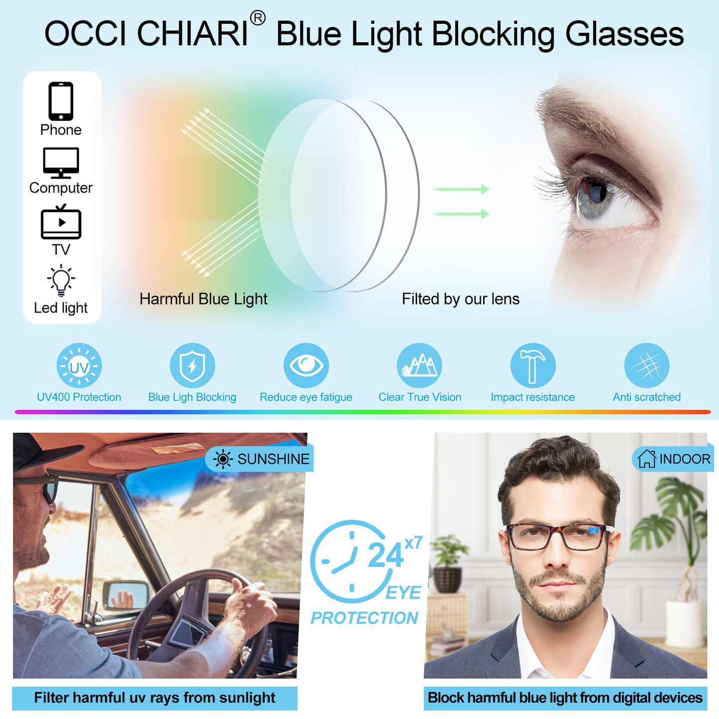 OCCI CHIARI Blue Light Reading Glasses Men Anti Glare Computer Readers for Big Head ABL5030