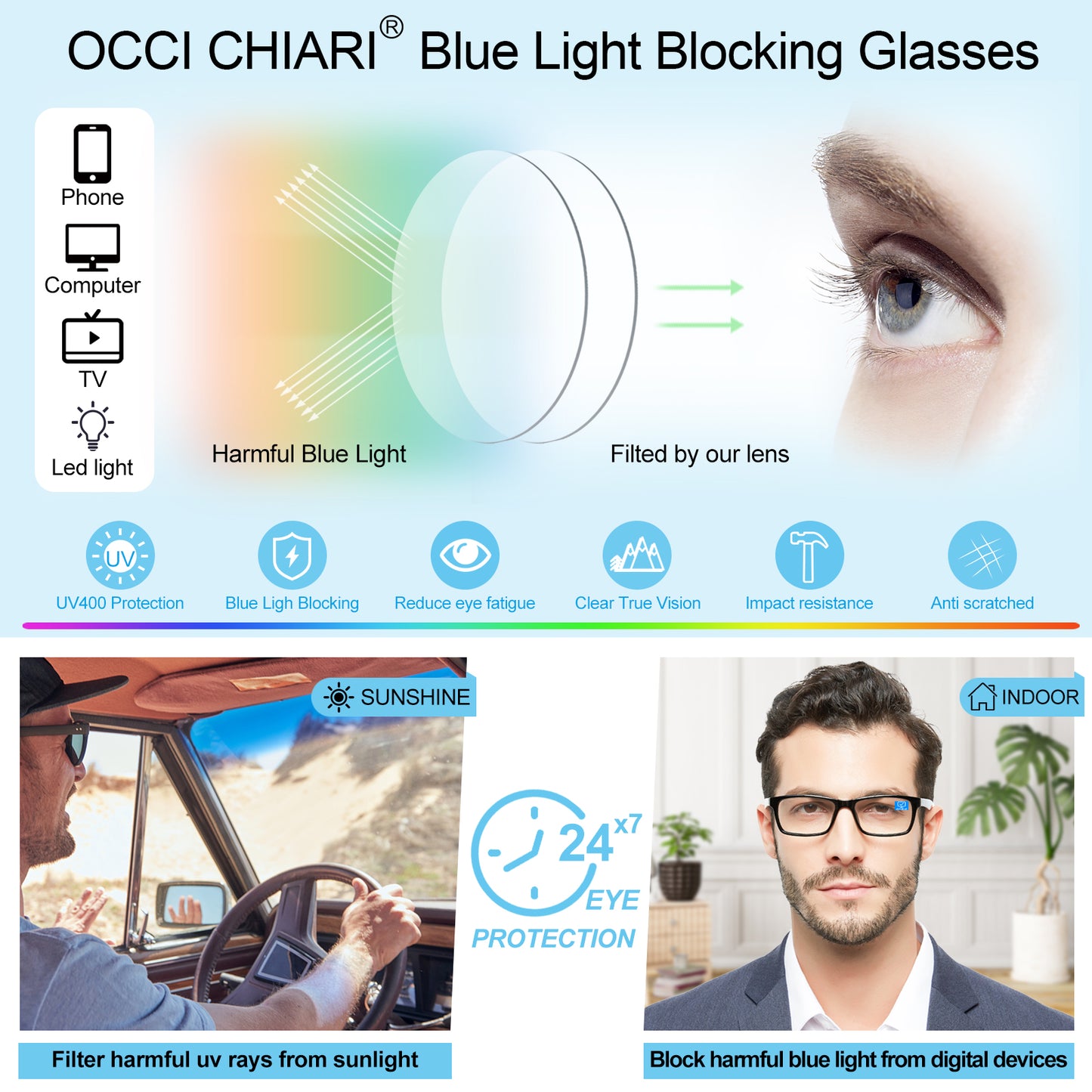 OCCI CHIARI Blue Light Reading Glasses Men Anti Glare Computer Readers for Big Head ABL5030